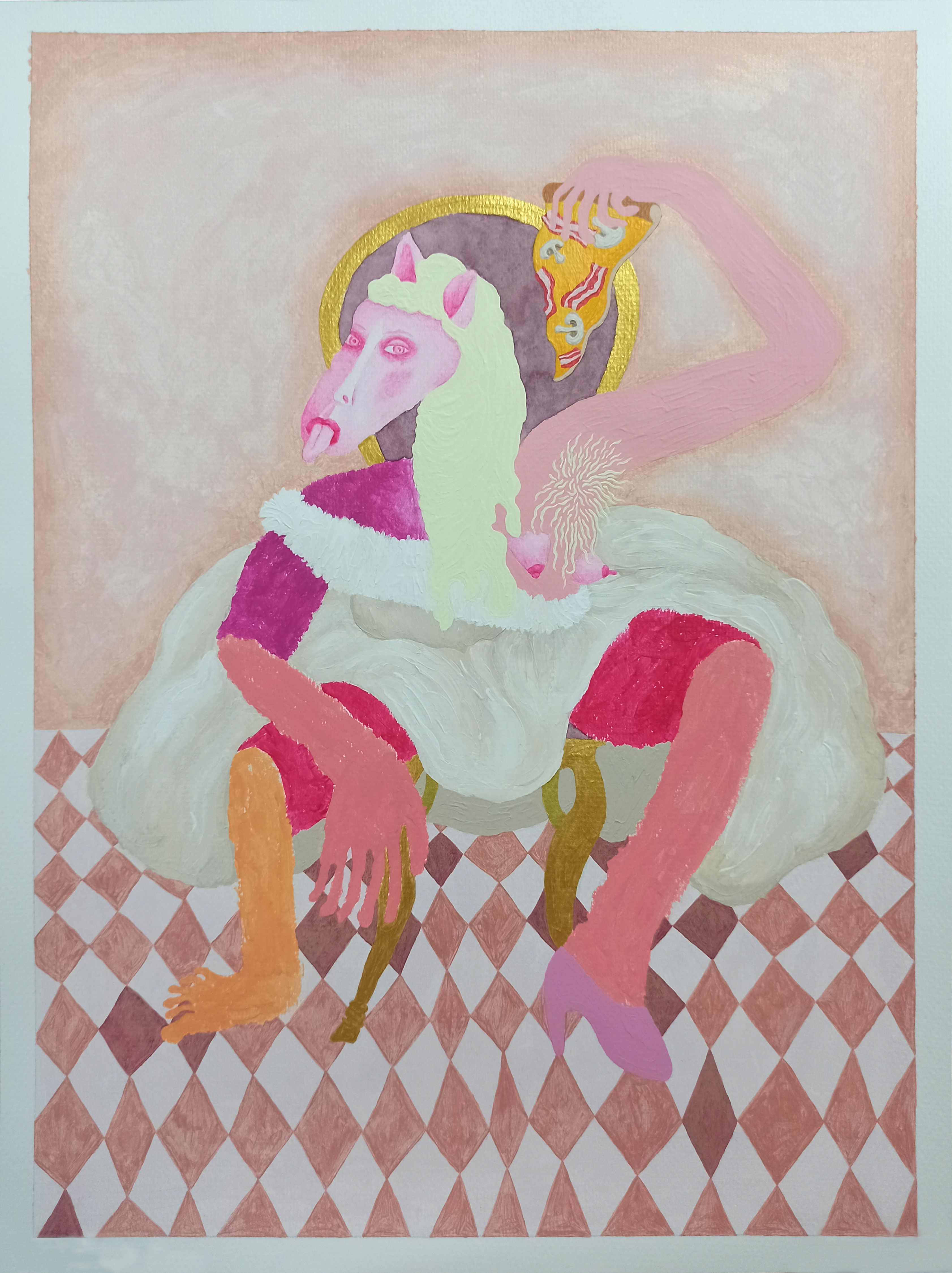 from mother i inherited my etiquette and manners, 2024, acrylic paint, watercolor pencils, markers on paper, 37,5 x 27,5 cm