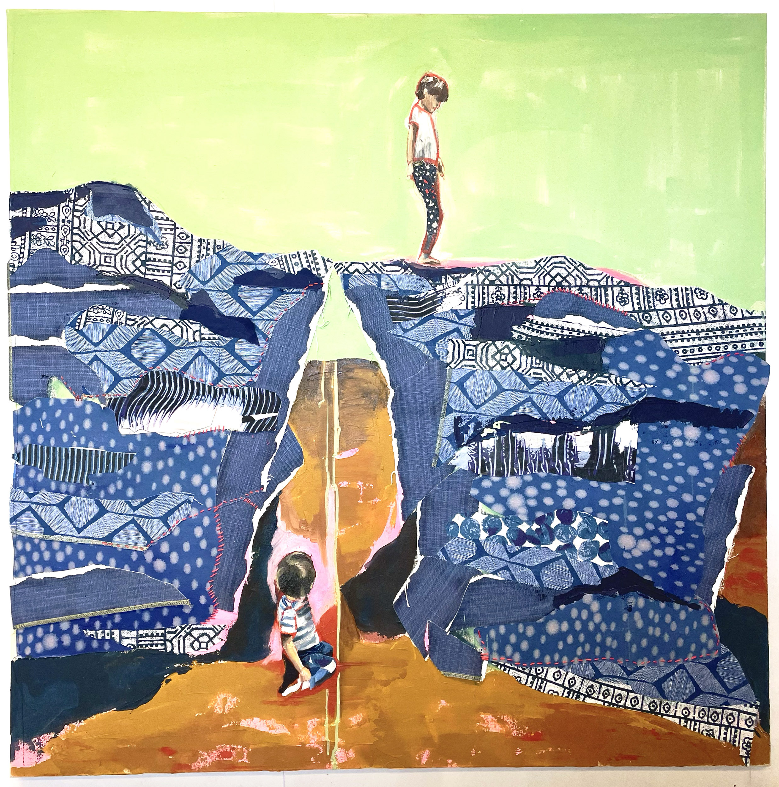 "Montclair" Oil, Acrylic, and Fabric on Canvas, 36"x36"