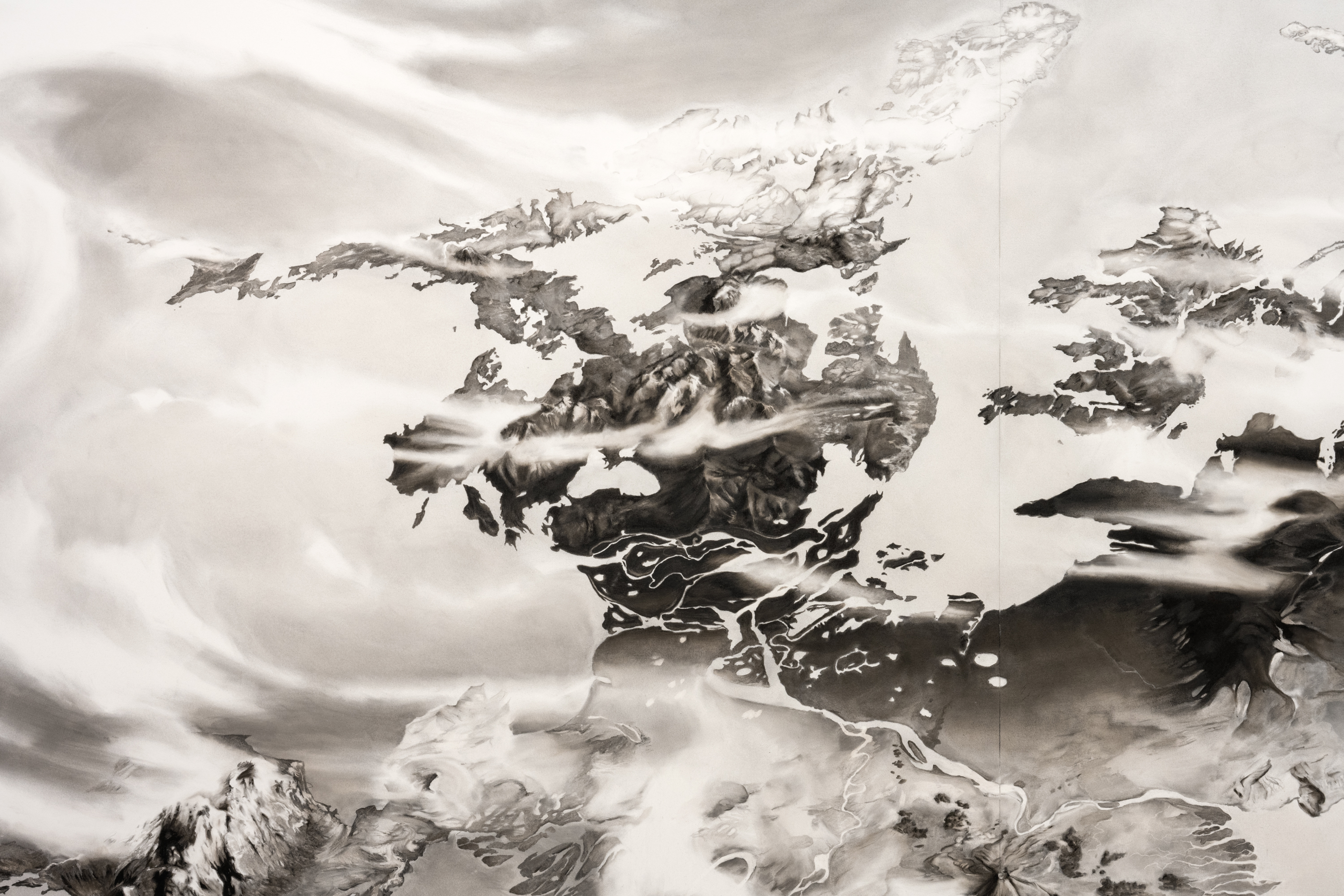Inventaire (terrains, côtes, reliefs, climats, distances). 2023. Charcoal on canvas / fusain sur toile. 90" x 222" (229 x 564cm)