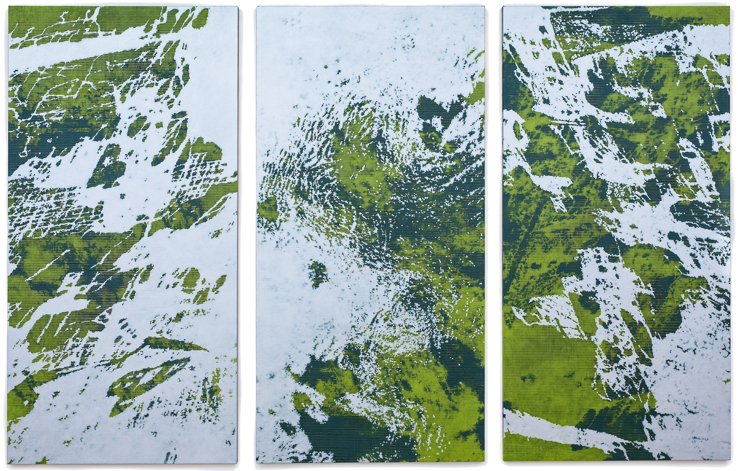 Doppelganger, acrylic (with silver flashe) on canvas, triptych,) 72 in. x 108 in., 2018.