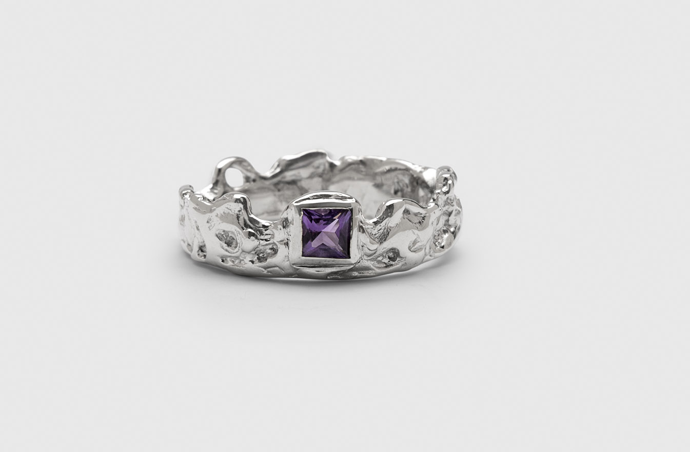 Princess cut fairtrade amethyst set in recycled sterling silver