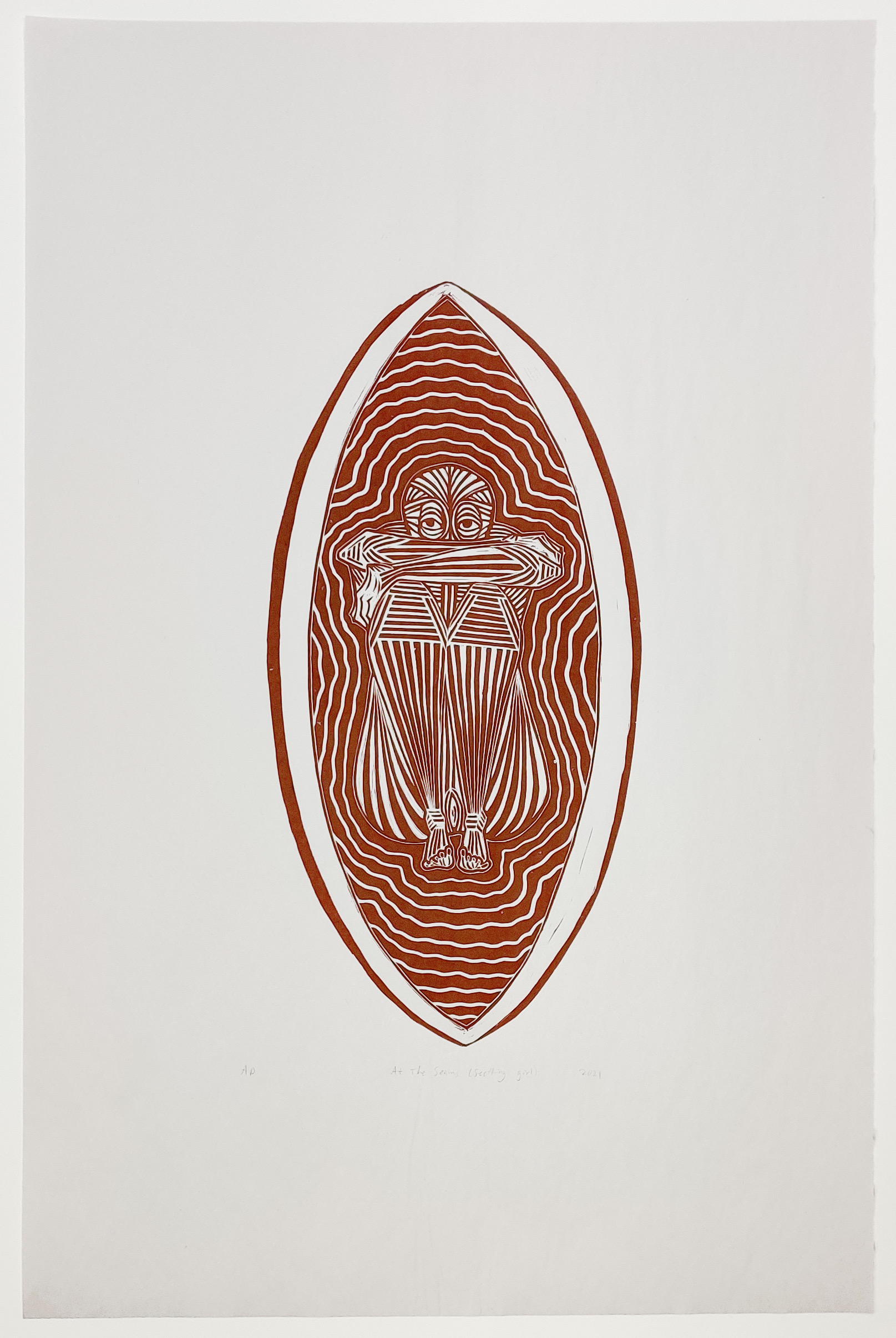 At the Seams (Seething Girl) | Linocut on newsprint | 16 x 24 in | 2021