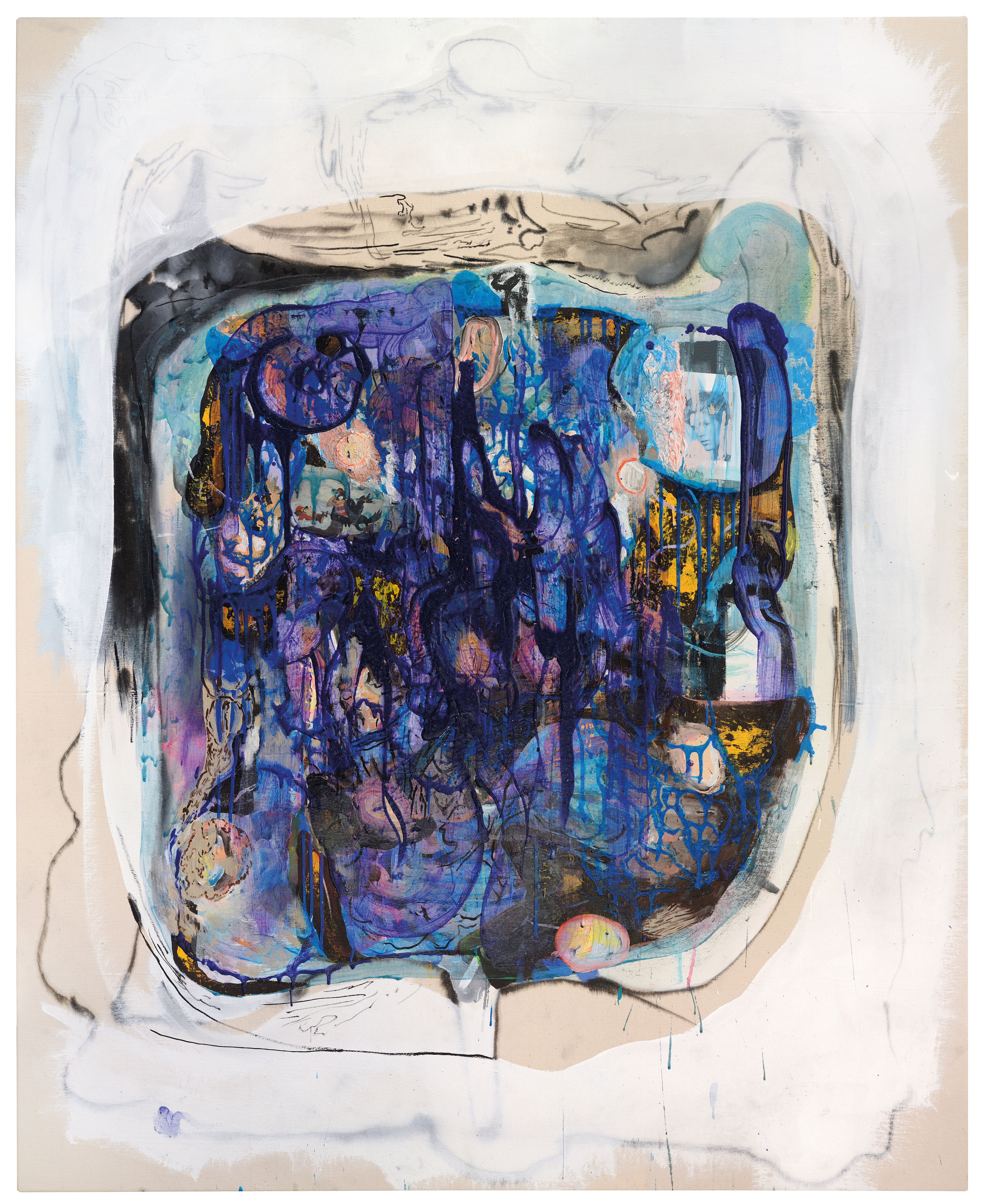 Junkie Fruit, 2009, ink, acrylic, gesso & collage on canvas, 185 x 145