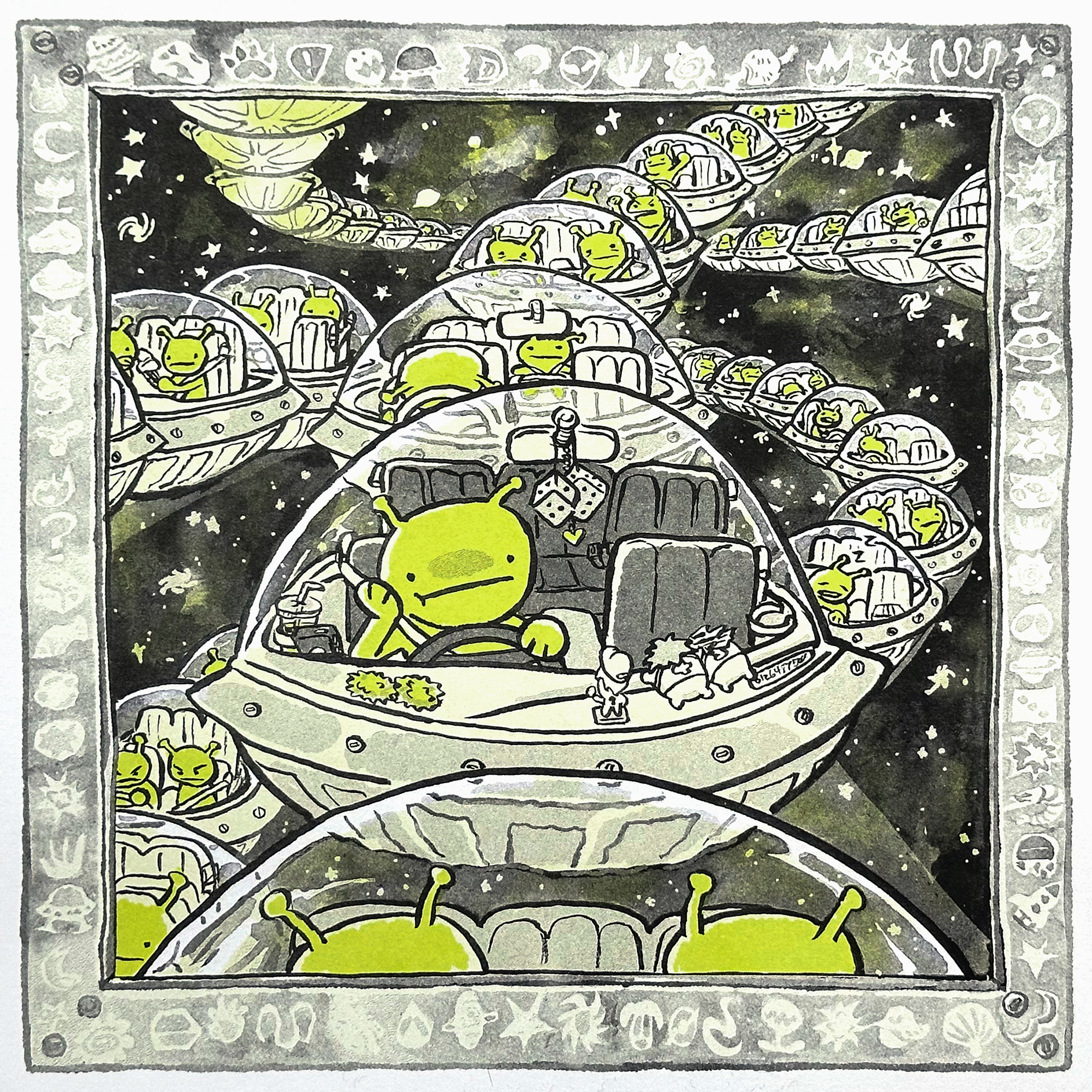[alien commute] printed at sva with light lime & black