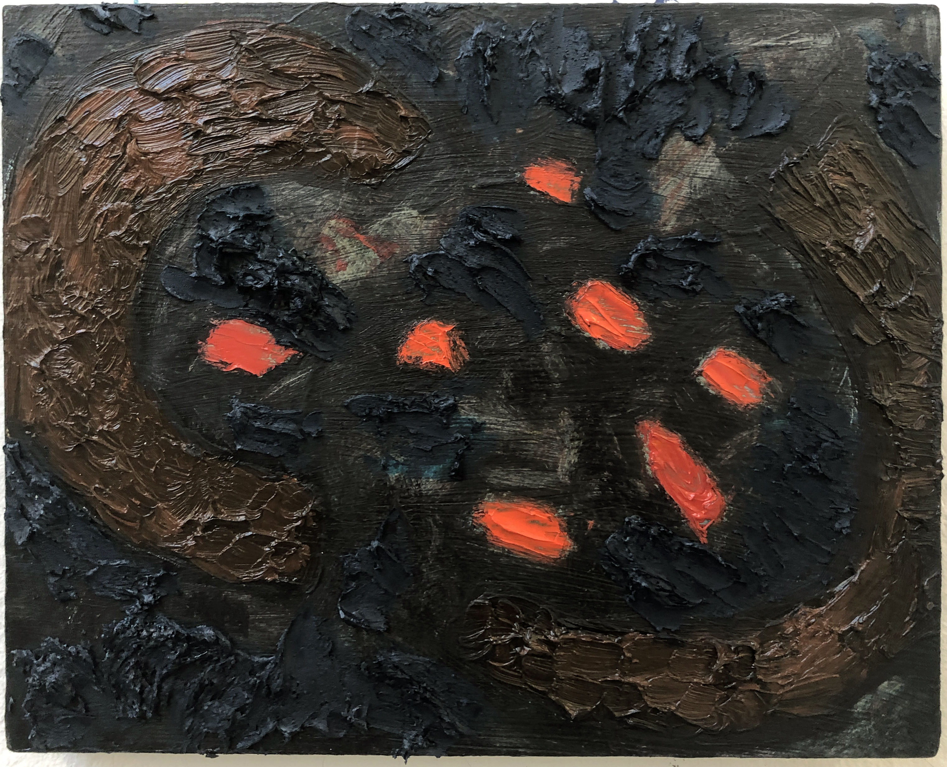 Magnets, 2021, pencil, acrylic and oil paint on wood panel, 8 x 11 in. 