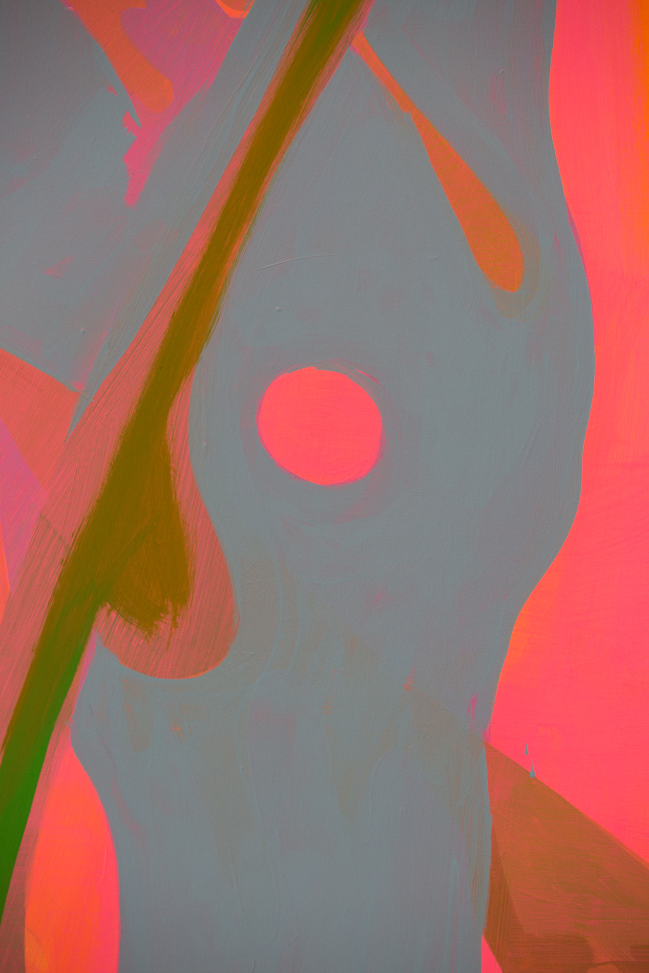 Nadir Sourgi, Gender a reveal Party (Pink light), Acrylic on canvas, 72x60”, 2022, Presented in Metonym at Bas Fisher Invitational as part of Waterproof Miami, Photo by Monica McGivern. Close up detail of a canvas in which a green line is interesting through a blue dog’s head on a hot pink background.