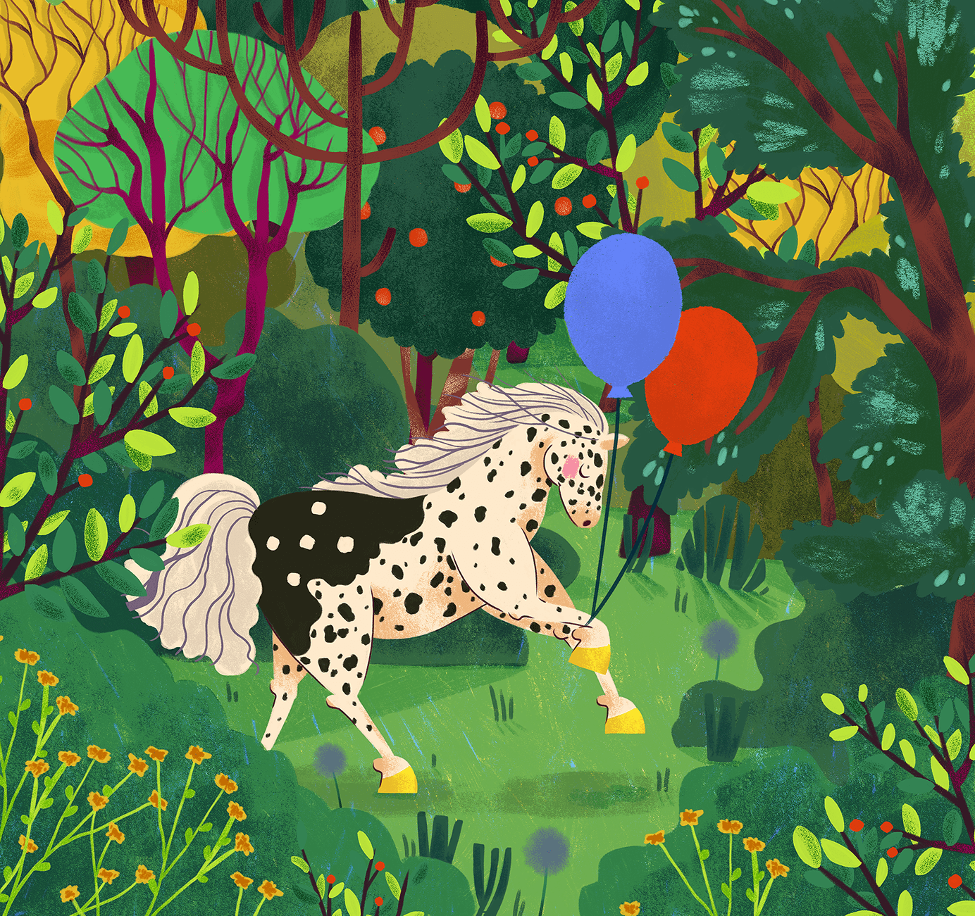 A horse holding a blue and a red balloon in the middle of the forest.
