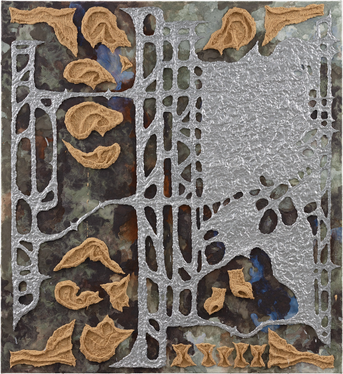 Vital Debris, 2025, acrylic, aluminium powder, marble powder, pigment on linen, 120x110x5cm