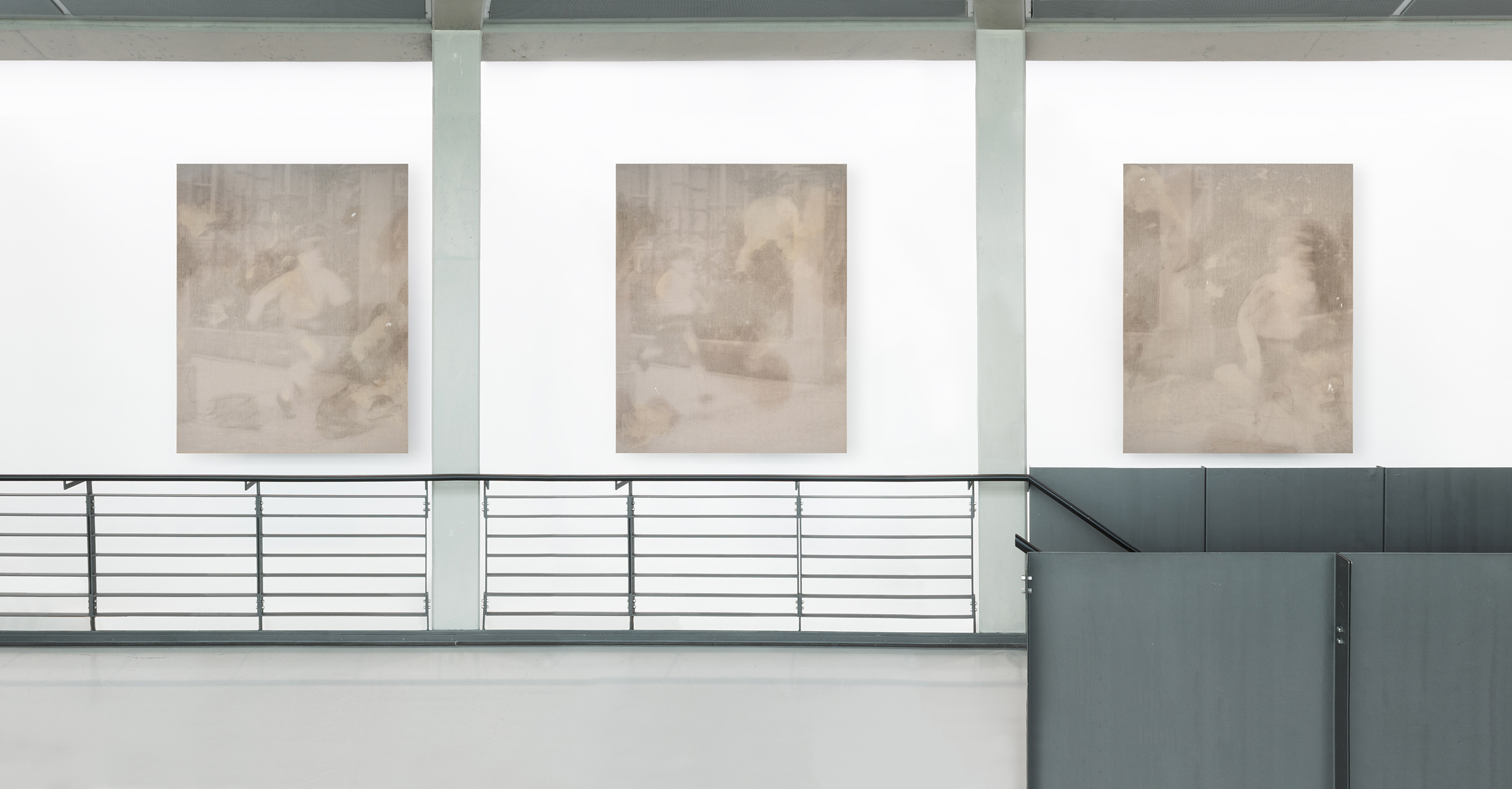 Background Vehicle (Running Scene), 2025. Plotter print on canvas with marker, paint, covered with a layer of raw linen with marker, glue, detergent, oil, wall filler. Suspended 45 cm from the wall with metallic poles. Triptych, 245 x 163 x 3,5 cm each. Kestner Gesellschaft, 2025