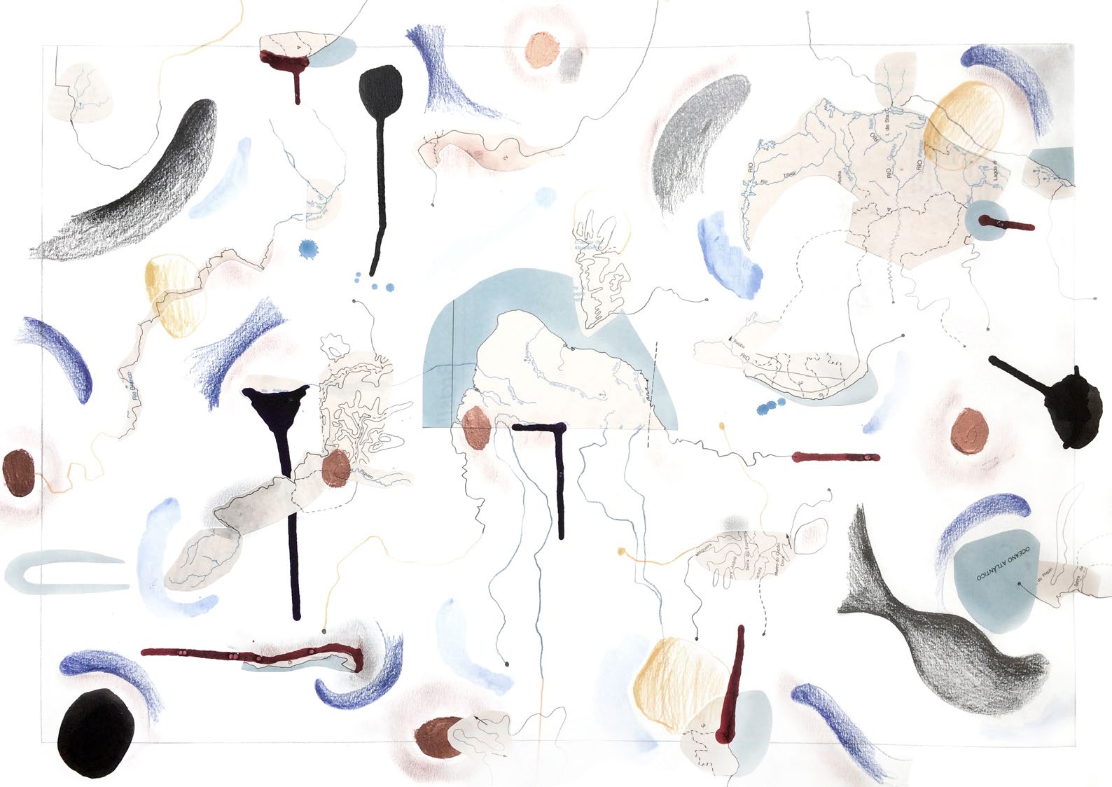 CONSTITUIÇÃO, COLAGEM A PARTIR DE RECORTES DE ATLAS ESCOLARES E DESENHO EM TÉCNICA MISTA SOBRE PAPEL, 42X60CM, 2019