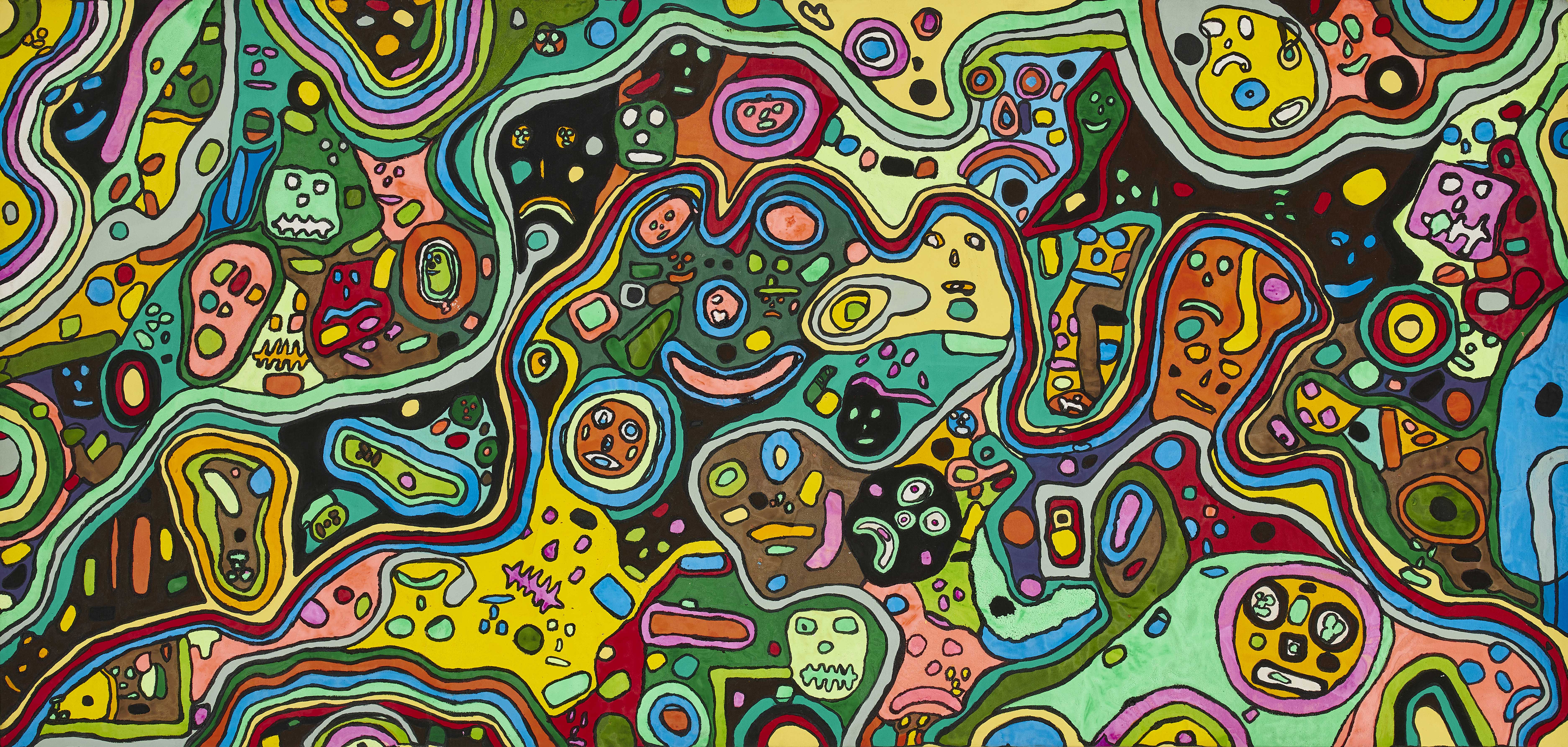 Khotso Motsoeneng, "The Yellow River (The River of Sorrow)", 2020, acrylic, fabric and puff paints on canvas, 91.0 x 191.0 cm