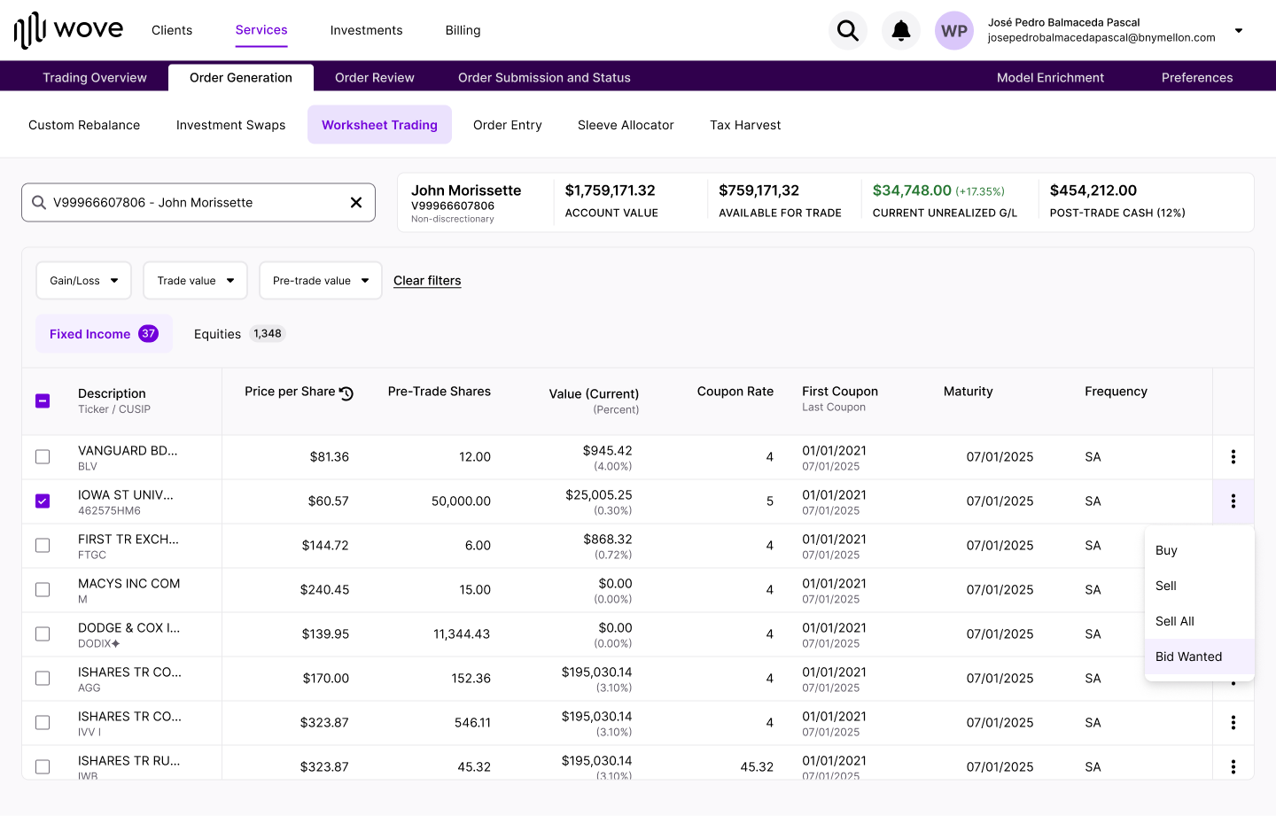 User selects "Bid Wanted" from the appropriate security row...