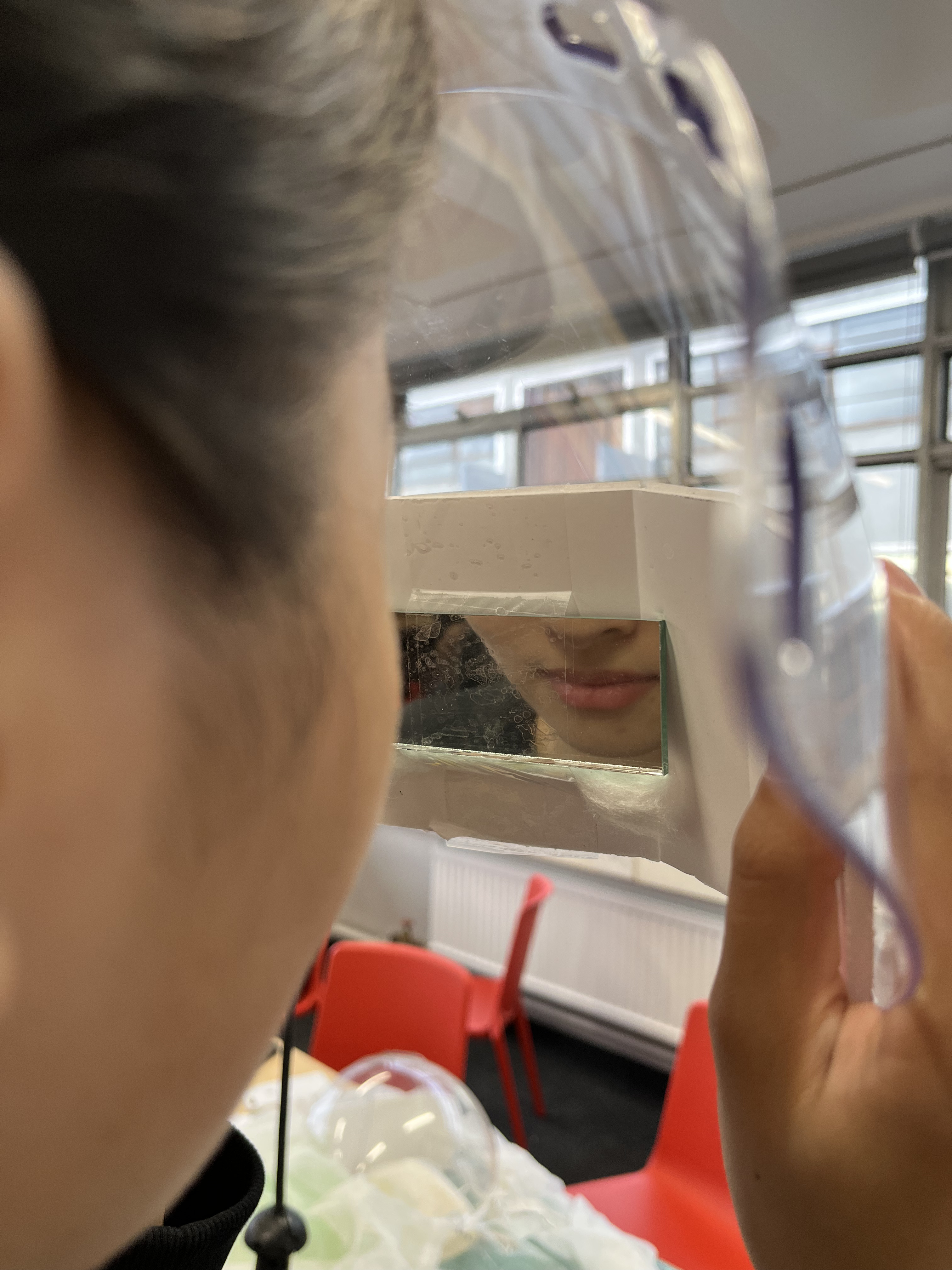 We tested out using mirrors to create reflections of our mouth or behaviors when we eat.