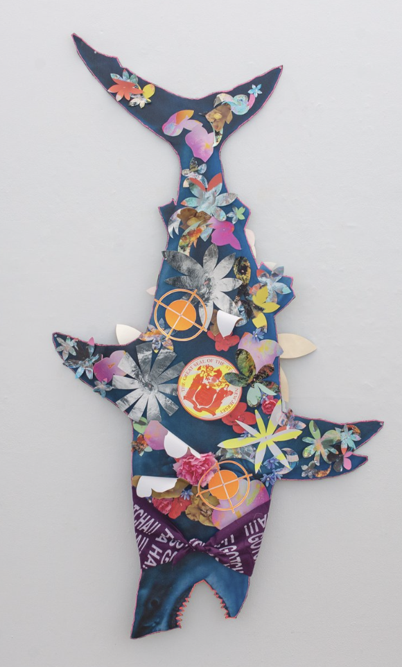 A lure. 2023. Felt, latex print on vinyl, silkscreen prints, lithographs, synthetic flowers, stitching, beads, and screen print on artist made bandana. 36” by 100”.