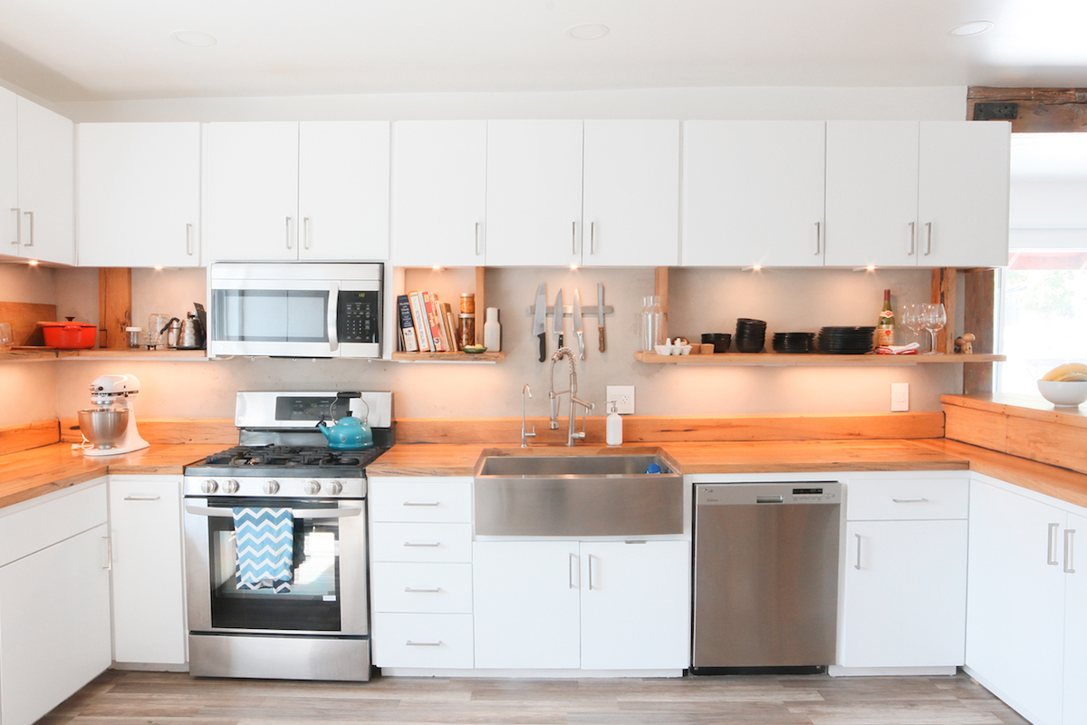 Modern White Kitchen With Oak Countertops Los Angeles Ca