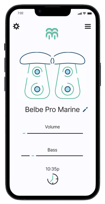 The Home page will display the speaker pair currently in use, from here the user will be able to adjust volume and bass levels, set a timer, and rename their system.