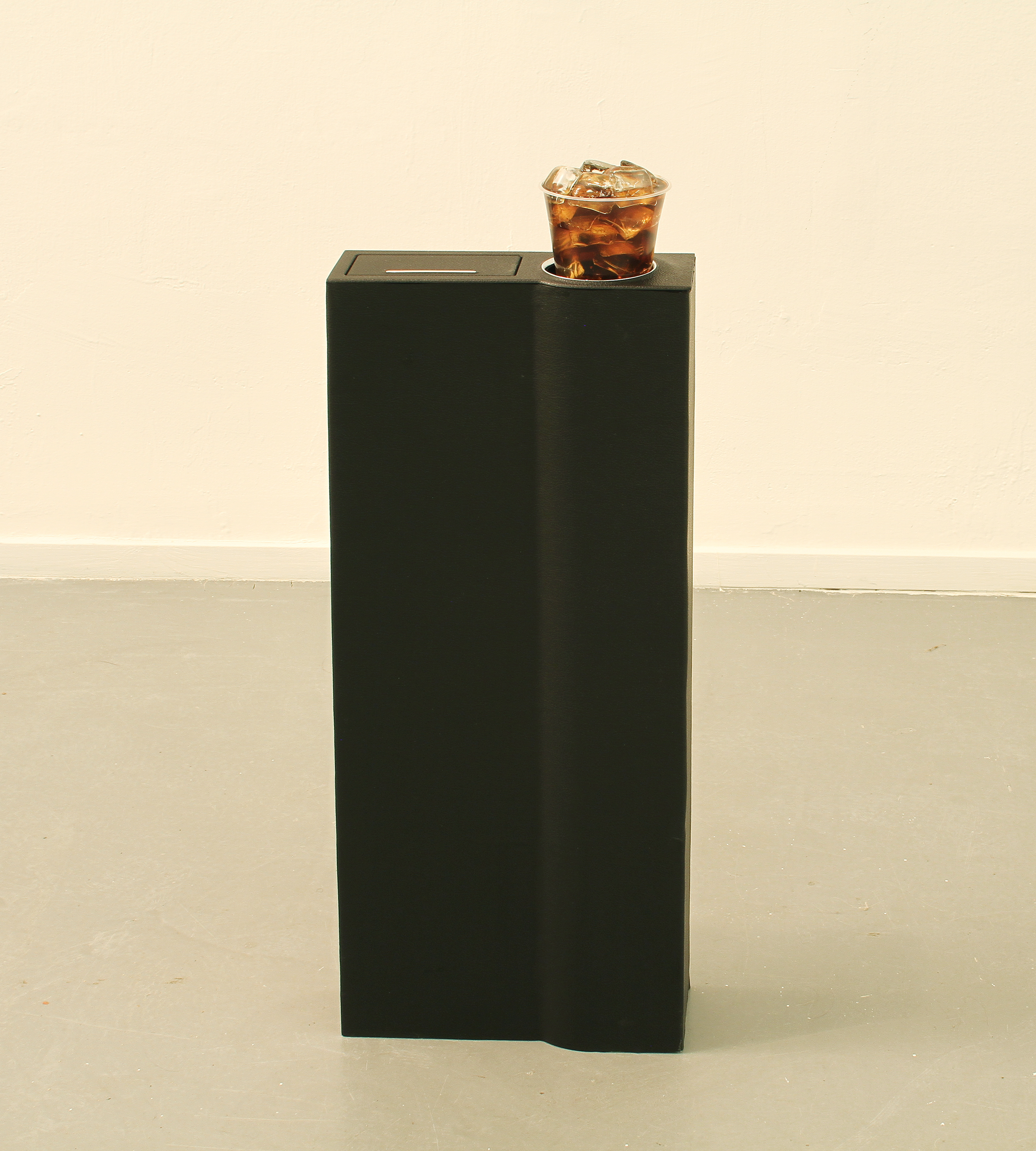 Cola & Glass, 2014, Glass cubes ,Plastic cup ,Coca-Cola, Air pump, wood stand, fabricated leather, glass stand, 77x5x14 cm