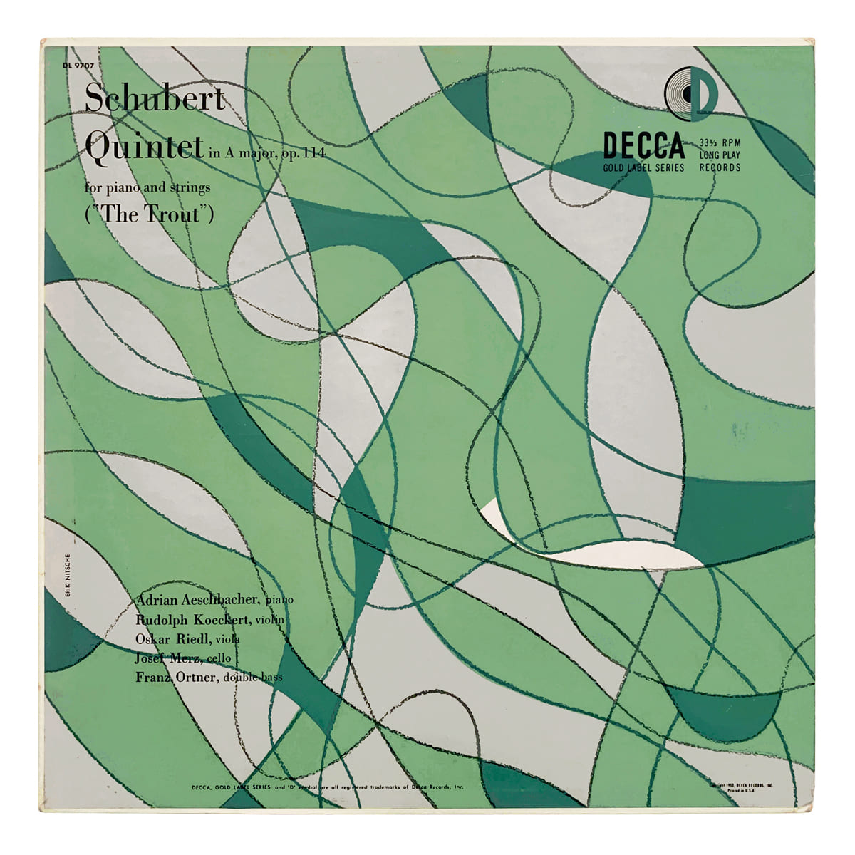 Decca Gold DL 9707 Franz Schubert - Quintet in A major, Op.114 "Forellenquintett" Adrian Aeschbacher | Rudolph Koeckert | Oskar Riedl | Josef Merz | Franz Ortner Design: Erik Nitsche (credited)