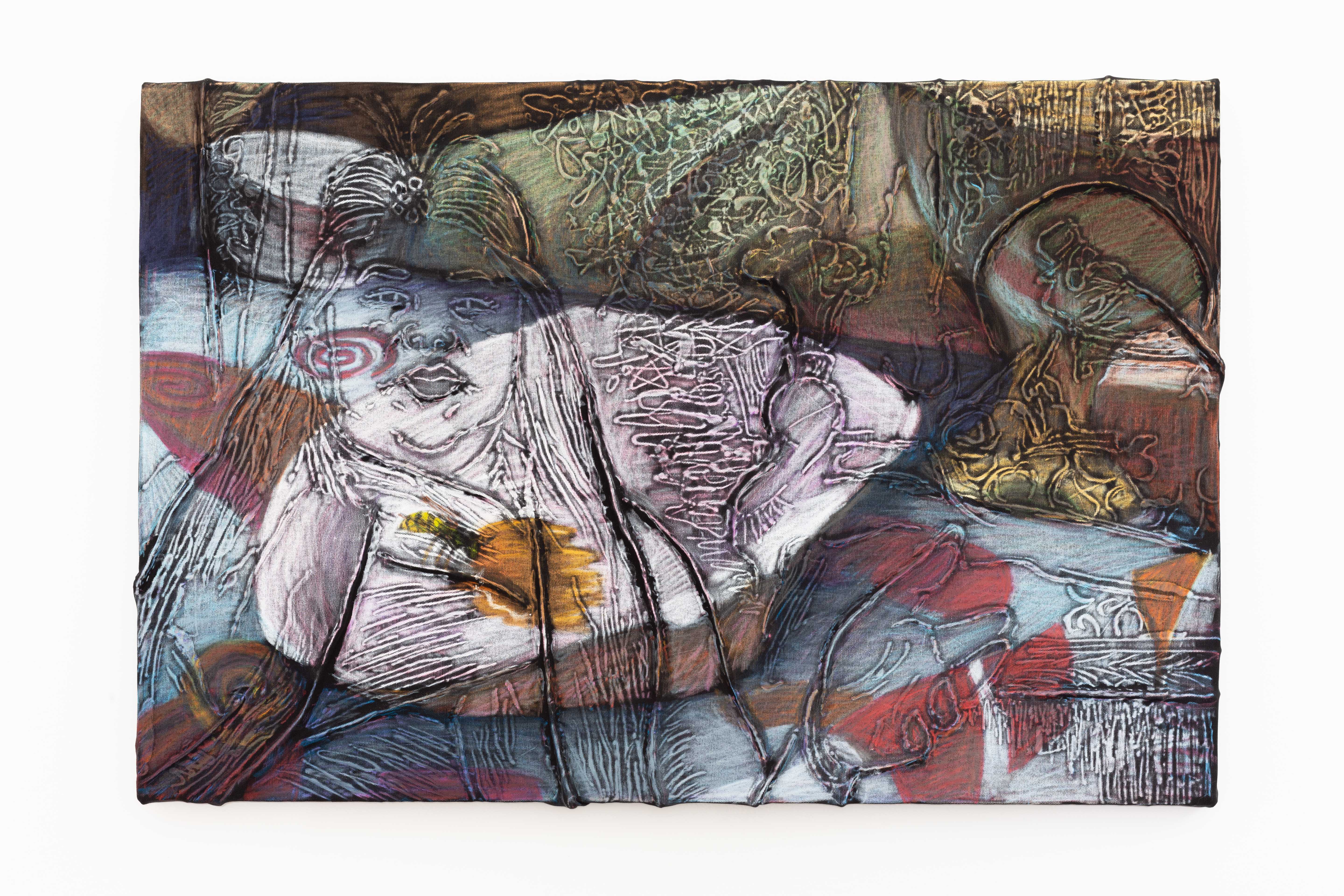 Ernesto Renda, Altar with Honeybee (after Radical Faerie Sanctuaries (2015)), 2022, Wax pastel on canvas, glue relief on board, 20 x 30 x 2 in, (ER-020322)