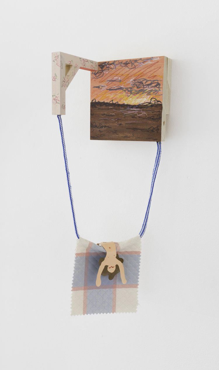 Sun Worshipper, 2018, 17.5” x 6.25” x 5.5” Pine, acrylic, primacolor pencil, rope, fabric sample, and embroidery floss