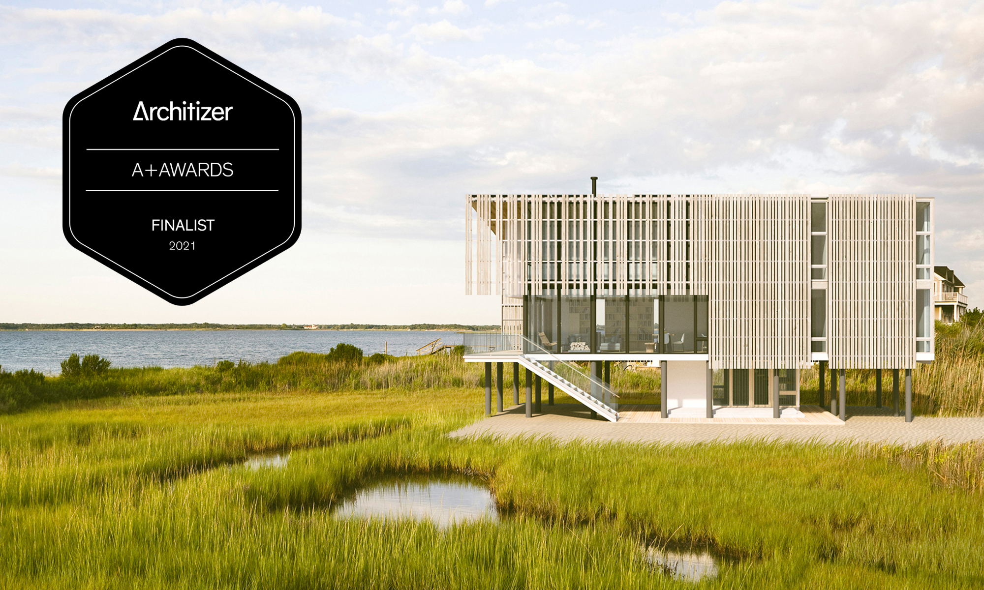Architectural rendering of the Salt Box Residence elevated in the marshlands, featuring the official Architizer A+Awards Finalist 2021 badge and call for public votes.