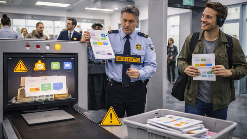 An agency QA officer scans a deliverable through an X-ray machine and flags issues (icons only) while a freelancer tries to walk through carrying a single polished asset.