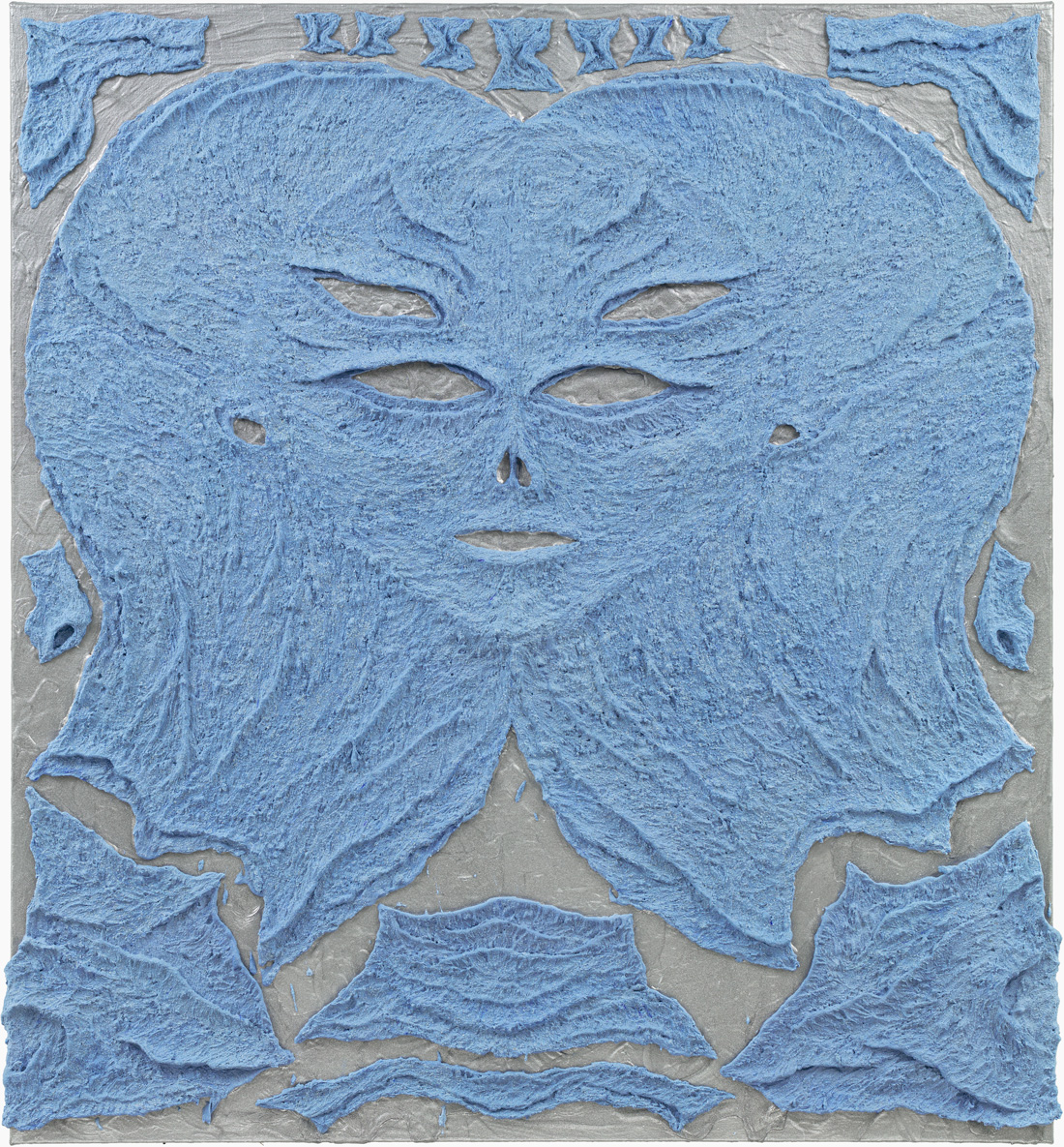 Arranged remains, 2025, Acrylic, aluminium powder, marble powder, pigment on linen, 120x110x5cm