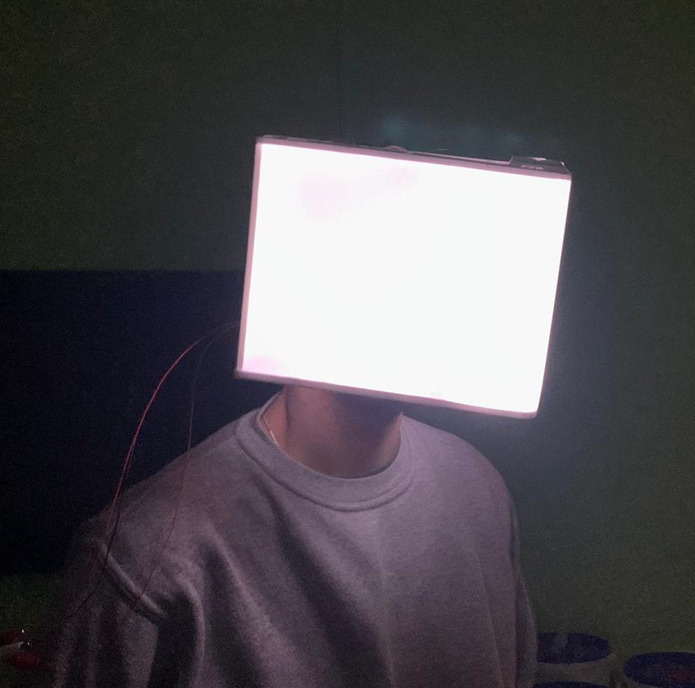 Testing the finished mask before the presentation. We found the folded one worked the best