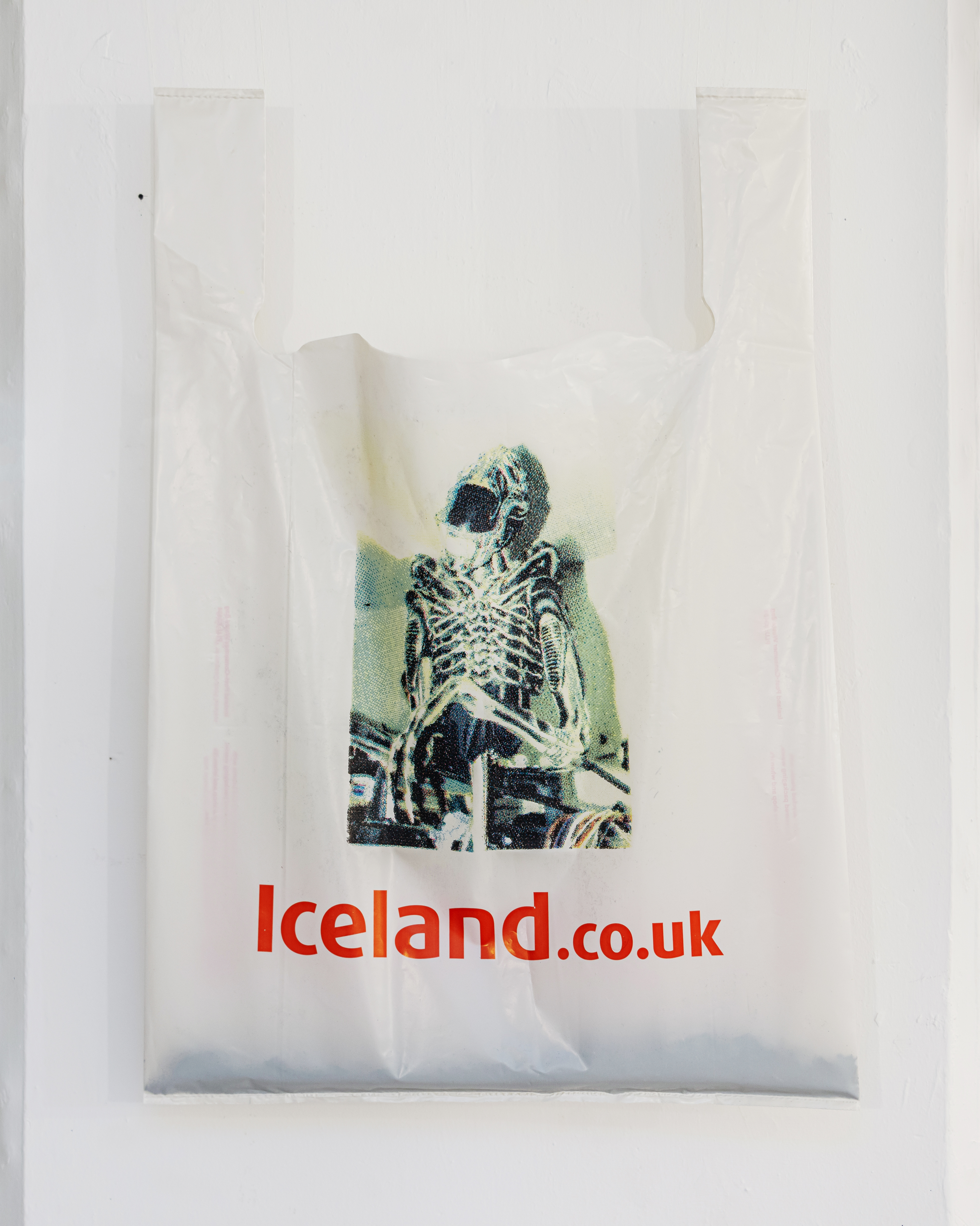 Xenomorph.co.uk, 2023, four-colour separation screen print on shopping bag, with dirt, 58.5x39.5cm
