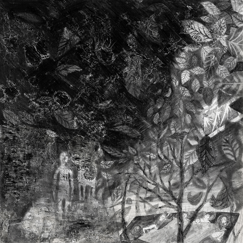 무너지는 집, 2018, 종이에 흑연, 혼합재료, 30x30cm