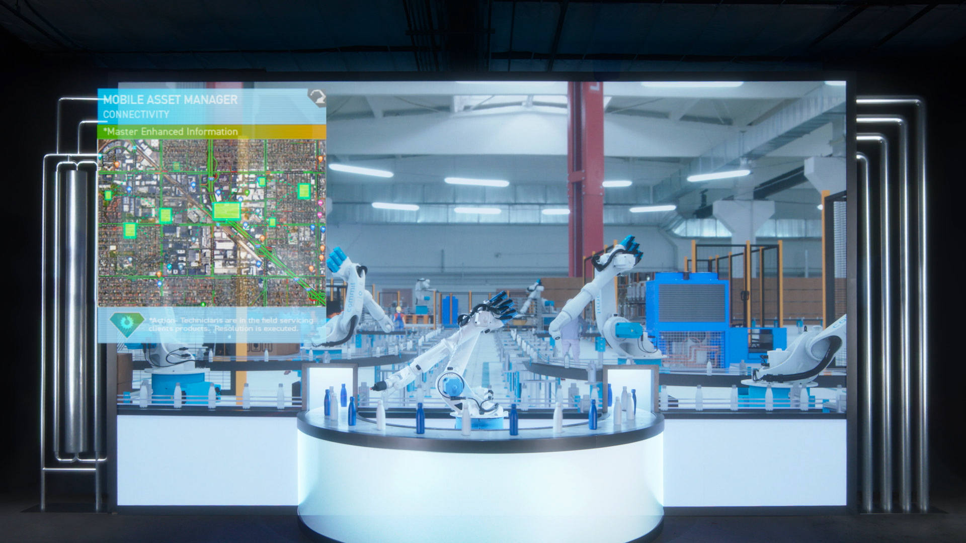 LED Wall, Kuka Robot Arm, Bottle Conveyor, RGB Led Pedestal
