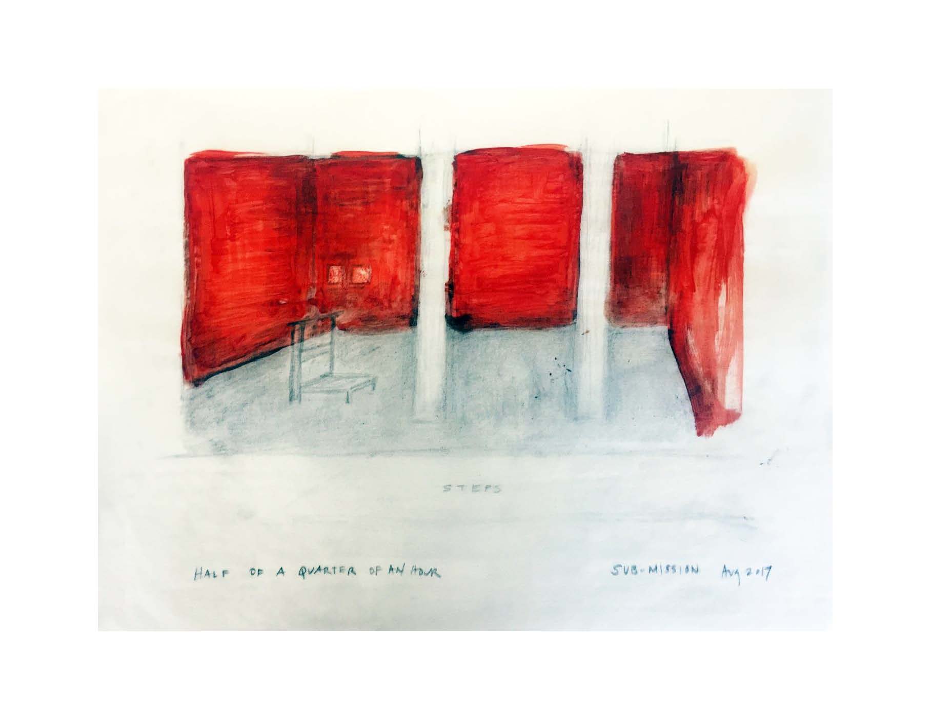 1/2 — HALF OF A QUARTER OF AN HOUR & RAGING BULL (M160-7).  In Charles Perrault's 17th-century fairy tale "BlueBeard," BlueBeard's eighth wife transgresses his orders that under no circumstance should she open the door leading into a small room at the end of the basement. Disobeying him, there she discovers his other seven wives, whom he had previously slain. Raging Bull (M160-7) responds to this tale of femicide as part of a larger project titled Half of a Quarter of an Hour. The piece references the blood on the key to the hidden room in Perrault's fairy tale, blood that never seems to dry. To match this idea, Quinn captured a sample of their own blood, and before it was dry, a spectrometer was utilized to determine the correlating paint color.  Proposal installation sketch, 2017.