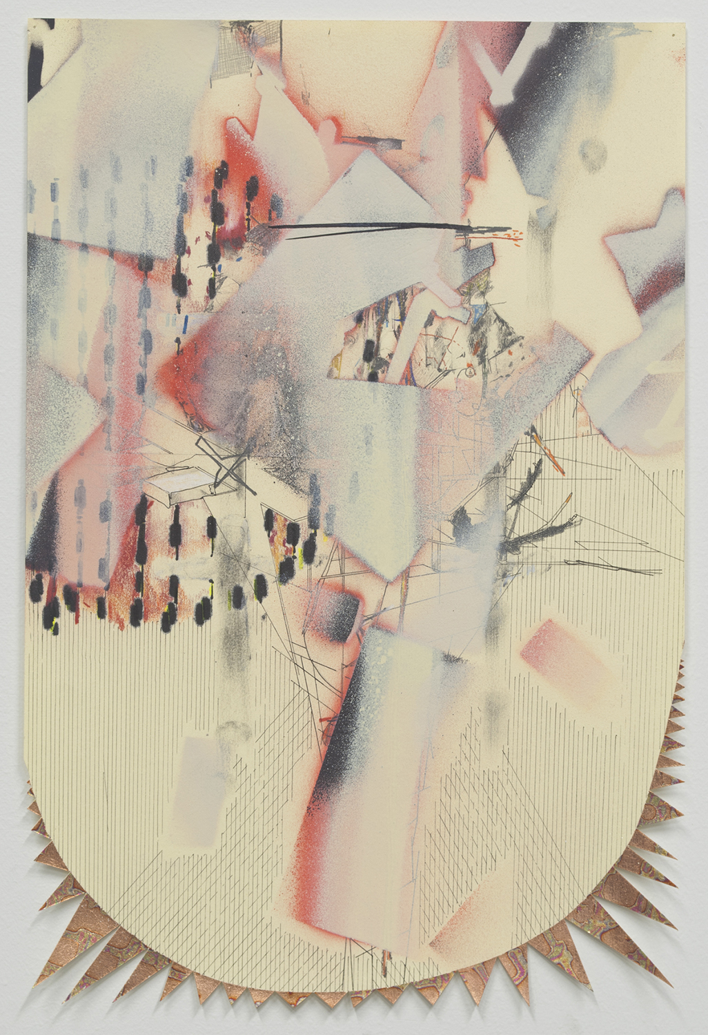 wasp  Ink, graphite, colored pencil, gesso, oil pastel and aerosol on shaped paper.  2014 - 15 x 10