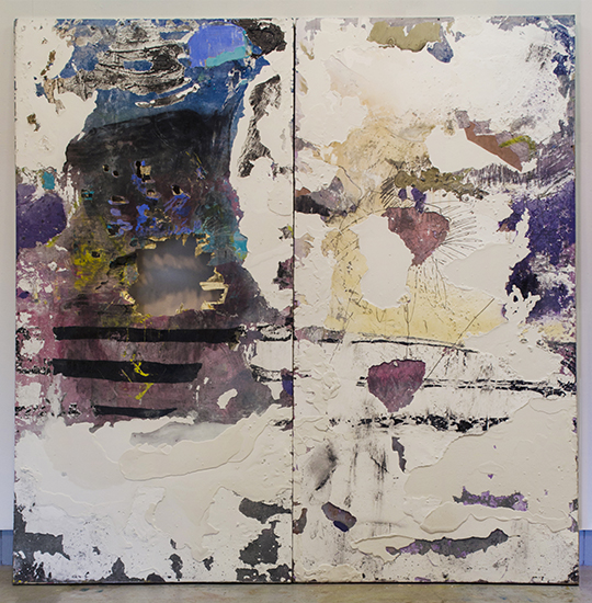  La Ultima en Klofron8’ x 8’Acrylic and latex paint, spray paint, plaster, hydrocal, glitter, cement, oil stick, graphite, charcoal, dirt, rain water, insulation foam, spray insulation foam, and dry pigment on panel