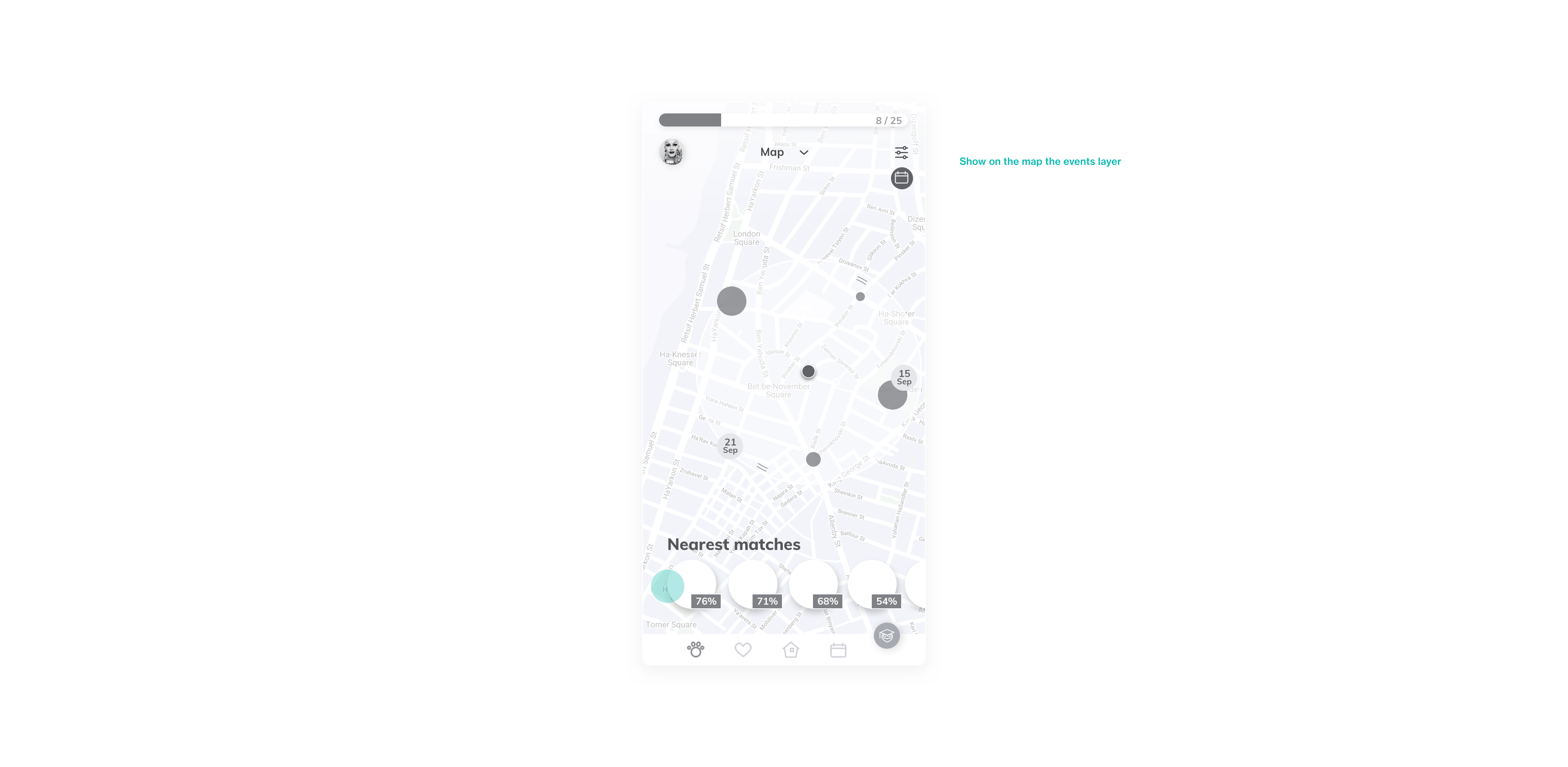 Map view of nearby pets, with nearby adoption events.