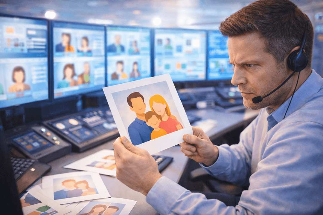 Family portrait mission control&rdquo; Prompt: Cheesy stock photo of a person in a &ldquo;command center&rdquo; setup with multiple monitors showing blurred portrait thumbnails (no readable text), holding a printed custom portrait draft. They look extremely focused like launching a rocket. Overlit, staged, slightly uncanny AI vibe, wide banner crop, no logos.