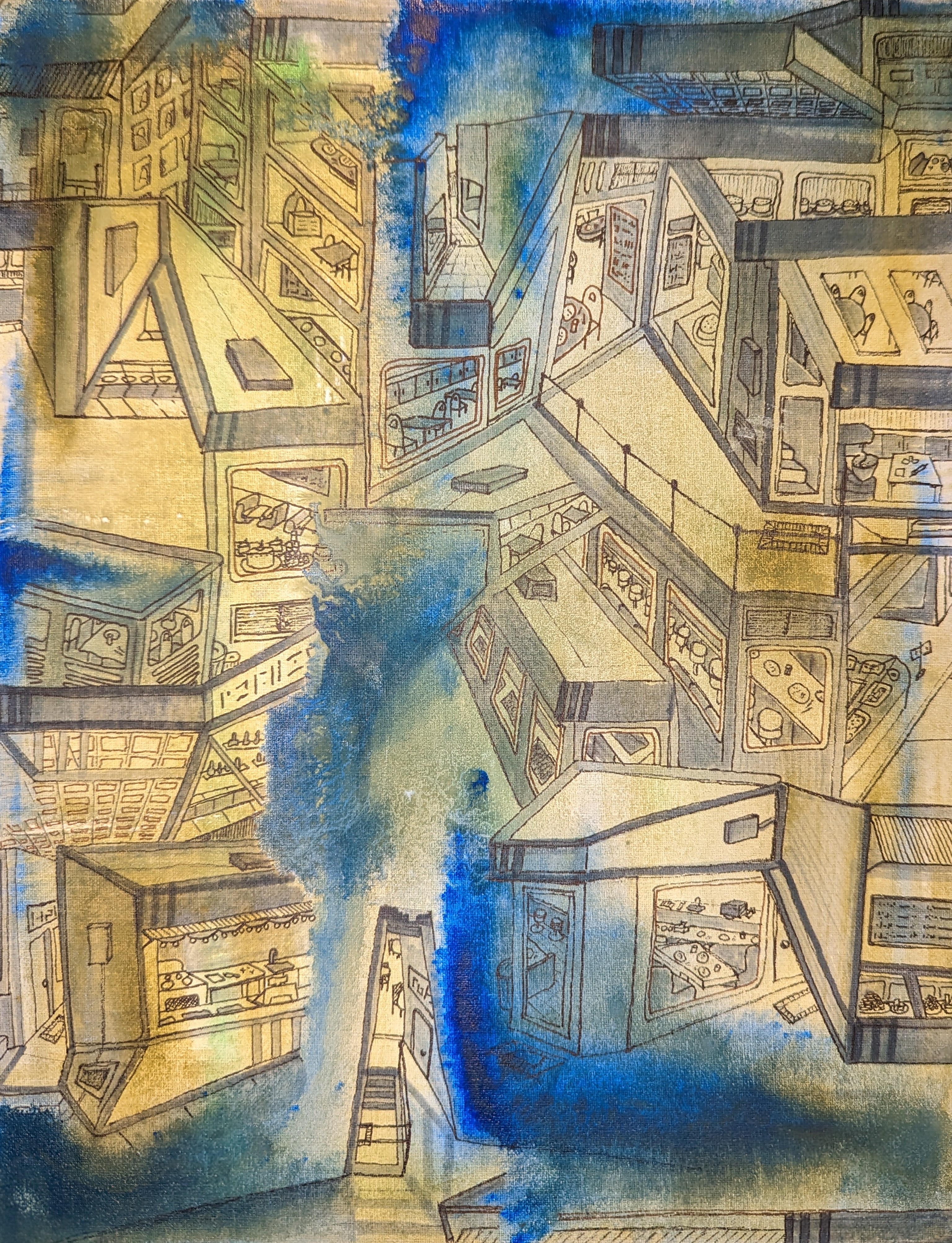 Atomistic Agora, Watercolor, Pen