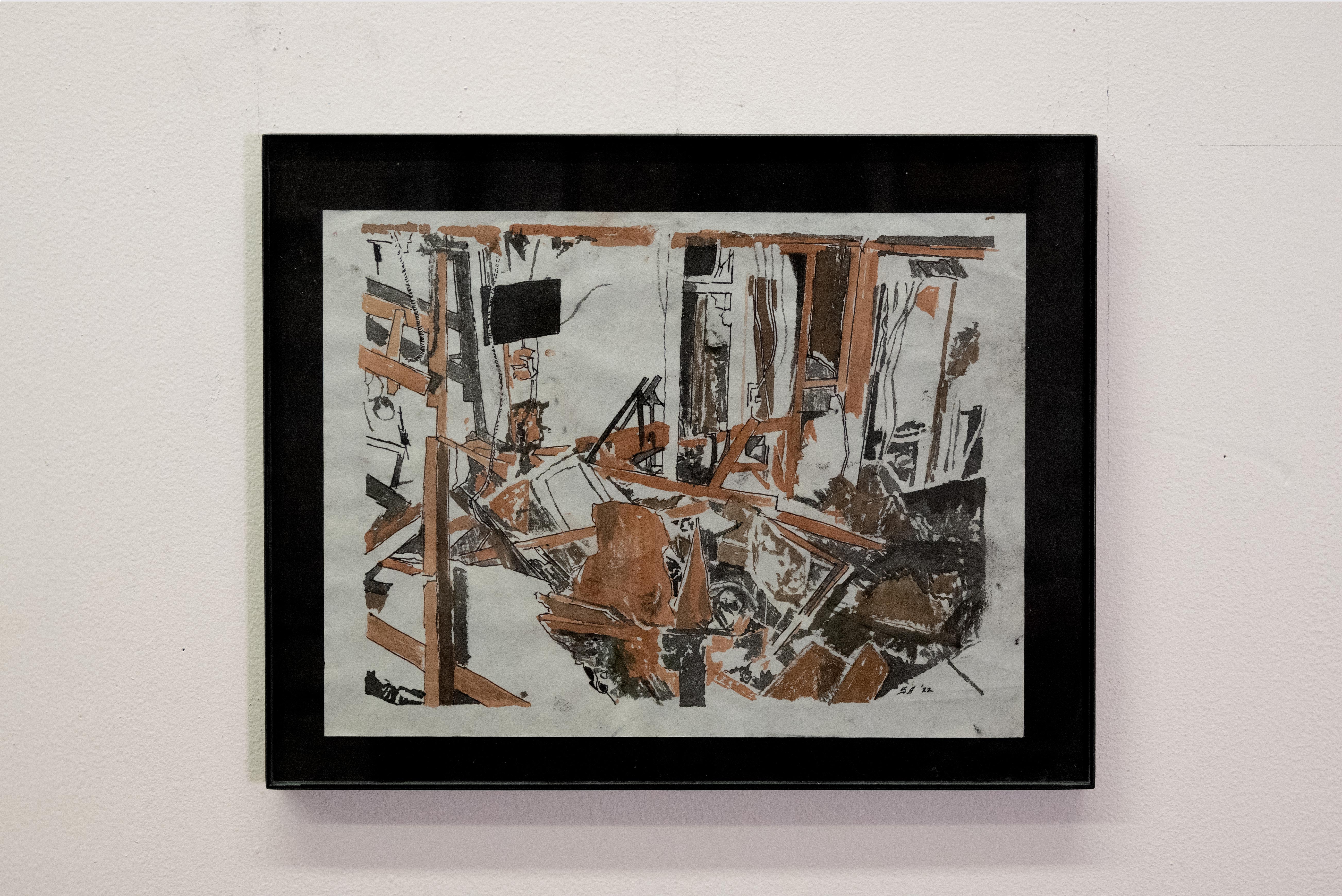 [Dark Neocolonial Floodwaters] Queens: Basement Apartment Ruins, 2023, Ink and Gouache on Mulberry Paper, 9 x 12