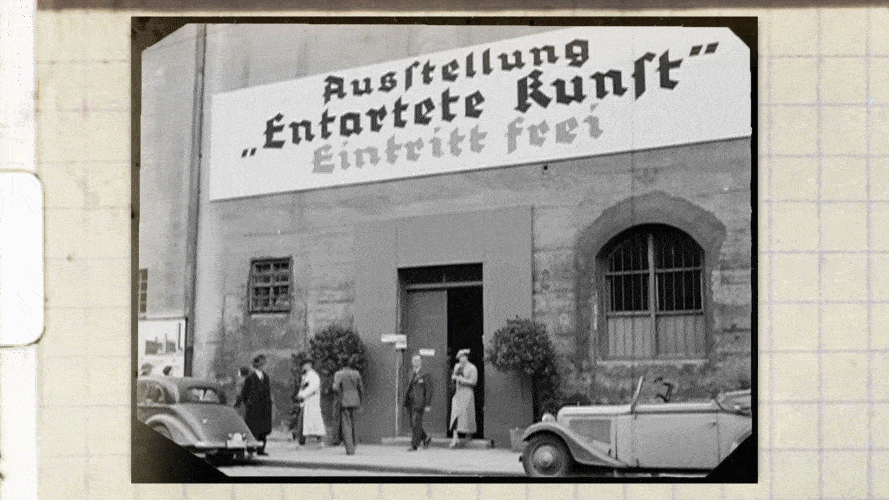 footage of exhibition with graphic elements