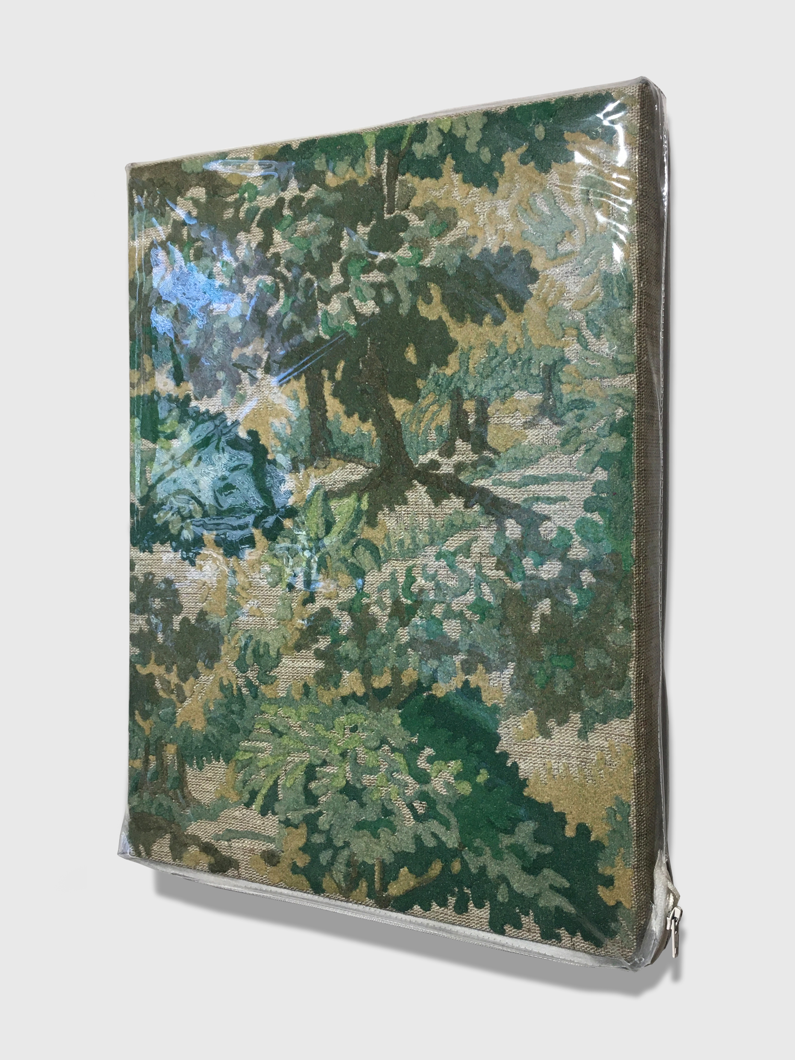 Evergreen, 2020, flock, plastic casing, zipper, and fabric on linen 15 x 12 in