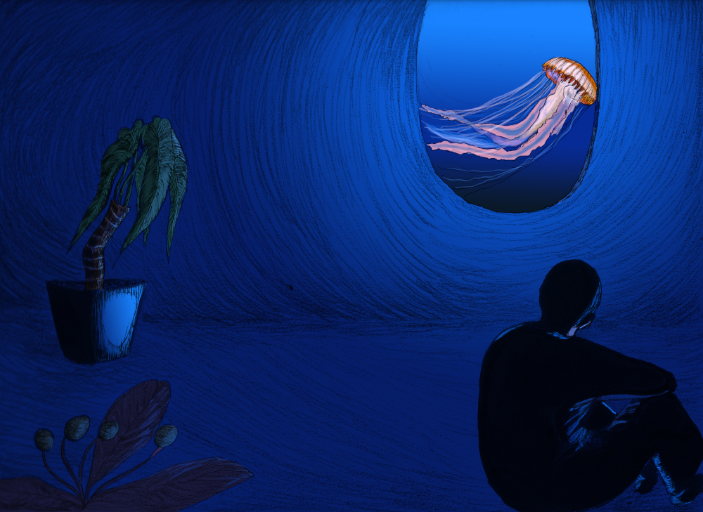 Deep sea, 2022, Ink, pencil on paper and digital coloring, 40x60cm