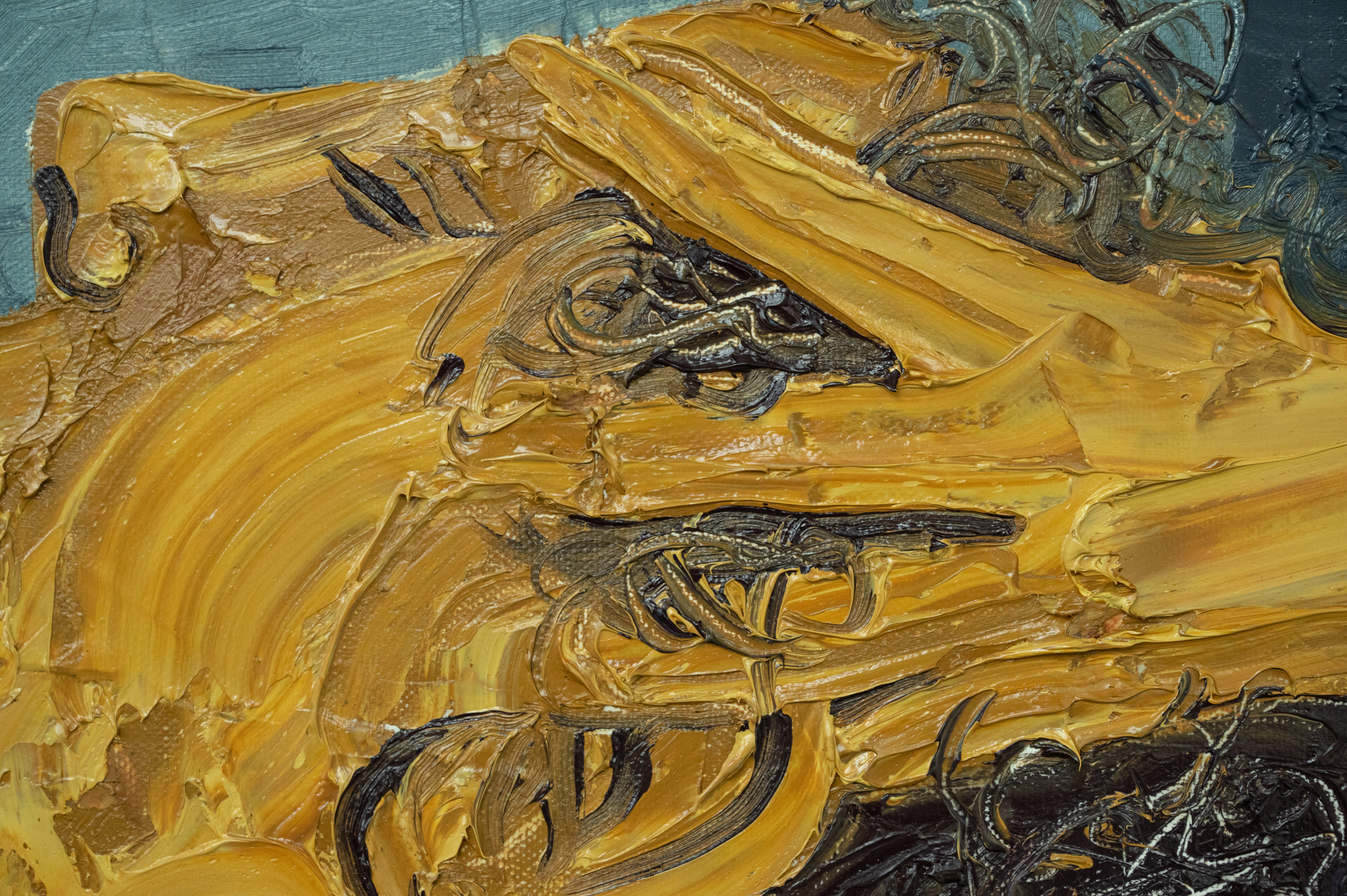 detail of artwork, showing thickness of paint, and scraped texture of hair