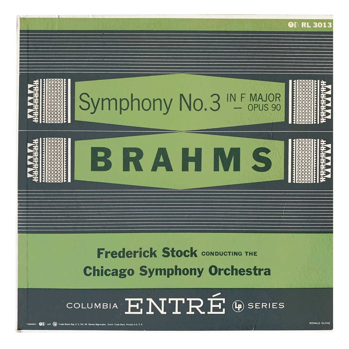 Columbia Entré RL 3013 Johannes Brahms - Symphony No.3 in F major, Op.90 Chicago Symphony Orchestra - Frederick Stock Design: Ronald Clyne (credited)