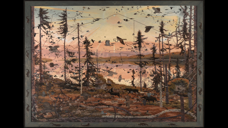 Ojibwe Territory Land Loss, 1837, 1842, 1854 (Tatiana Jackson-Saitz): This video depicts land loss as the Ojibwe tribes were forced to give up their land in the treaties of 1837, 1842, and 1854 using a painting by Tom Uttech as a representation of a more holistic ecosystem that was fragmented into reservation boundaries.