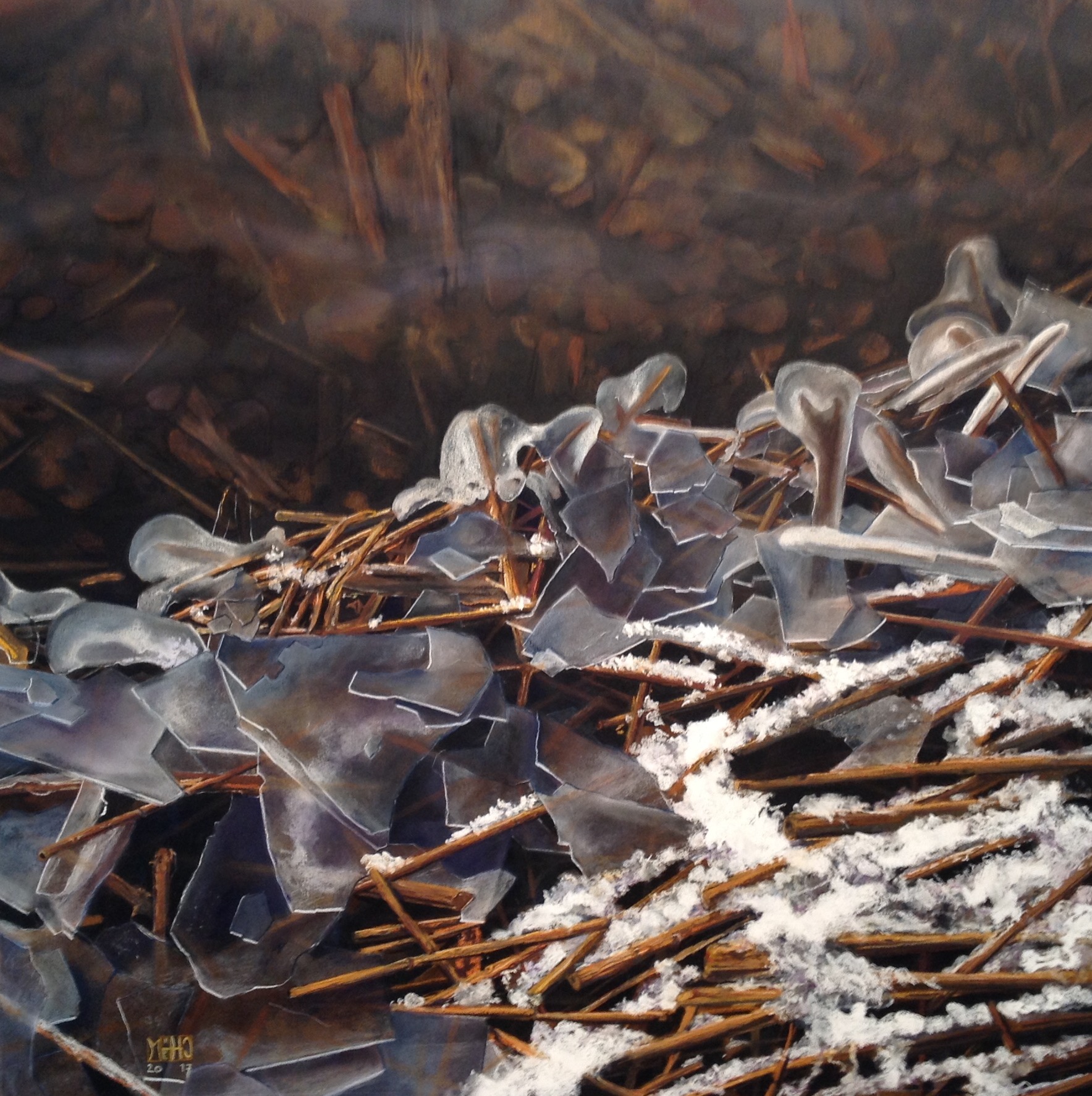 115–Ufer mit Eis und Schilf70×70 cmPastell auf Fabrianopapier2017︎ Bild kaufen