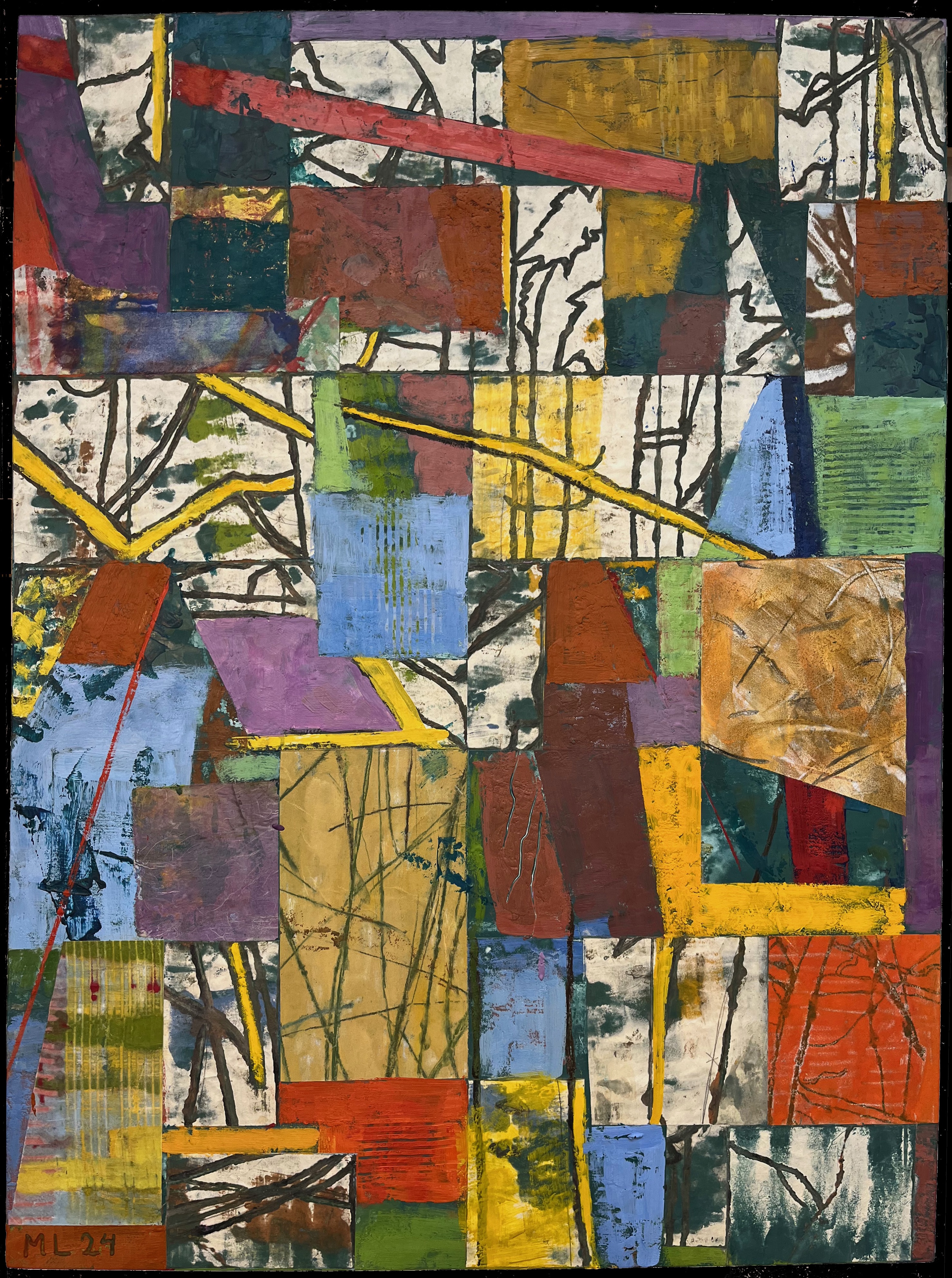 Amalgam. 2024. encaustic & collage on panel. 40" X 30"