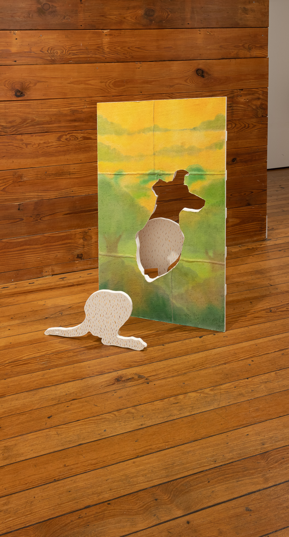 She Slipped Her Lead  2021, 3' x 28" x 14", acrylic, cotton rags, thread, poplar, and crayon on plywood