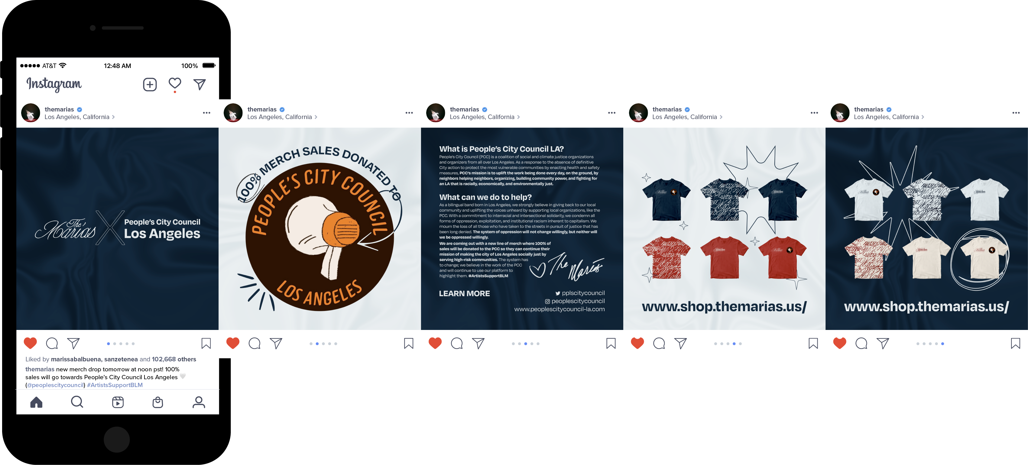 While The Marías music does not correlate with the mission of the PCC, the best course of action was to promote donations through advertising merch while also explaining why donations are directly going to the organizations. Instagram Carousel promoting People's City Council LA. Mocked up on an iPhone 8.