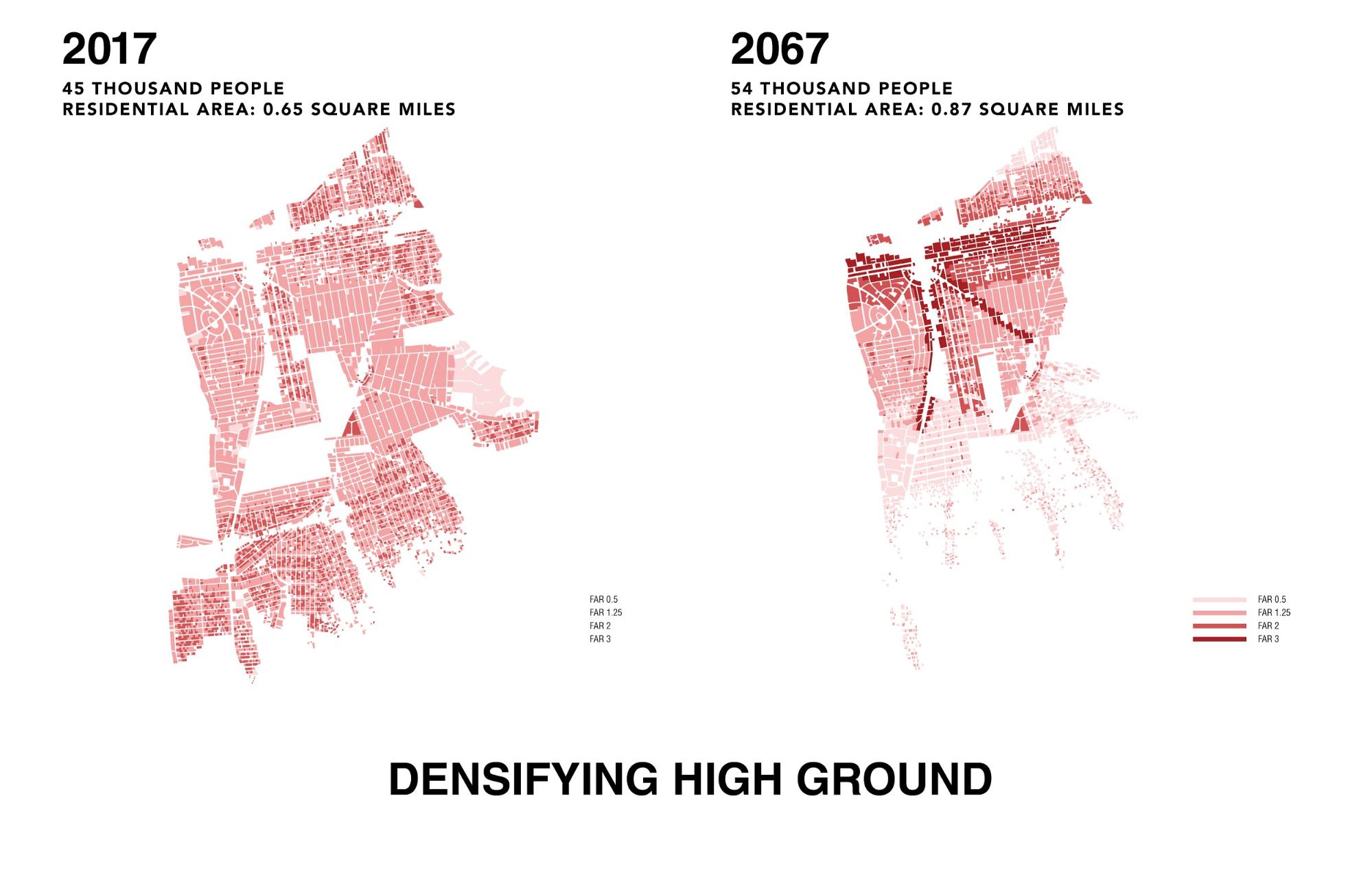 Rather than fighting sea-level rise, the combined group studied ways in which they could promote a managed retreat strategy, strengthening the community by concentrating it farther from the coast. The CDDL's role in the project was analyzing and mapping the potential outcomes of this strategy and their work can be seen in this image.