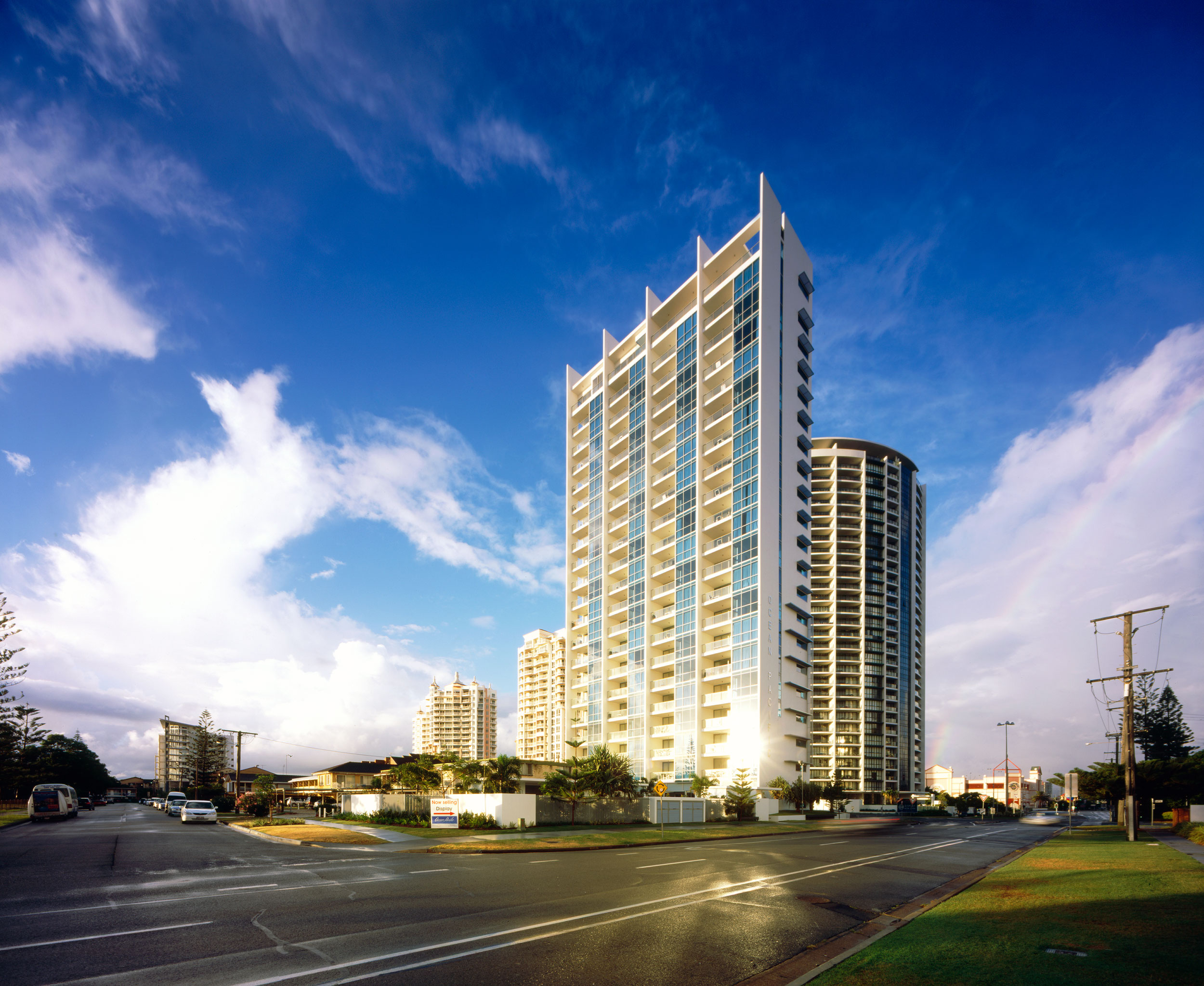 Sunlight reflecting off glazing on modern apartment building 'Ocean Pacific' in Broadbeach on the Gold Coast.